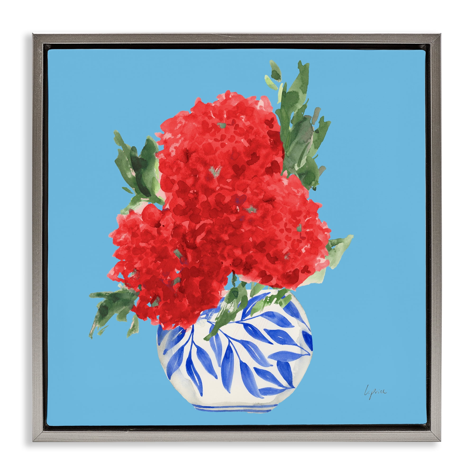Stupell Industries Red Hydrangeas Blue Vase Gray Framed Floater Canvas Wall Art, design by Lucille Price