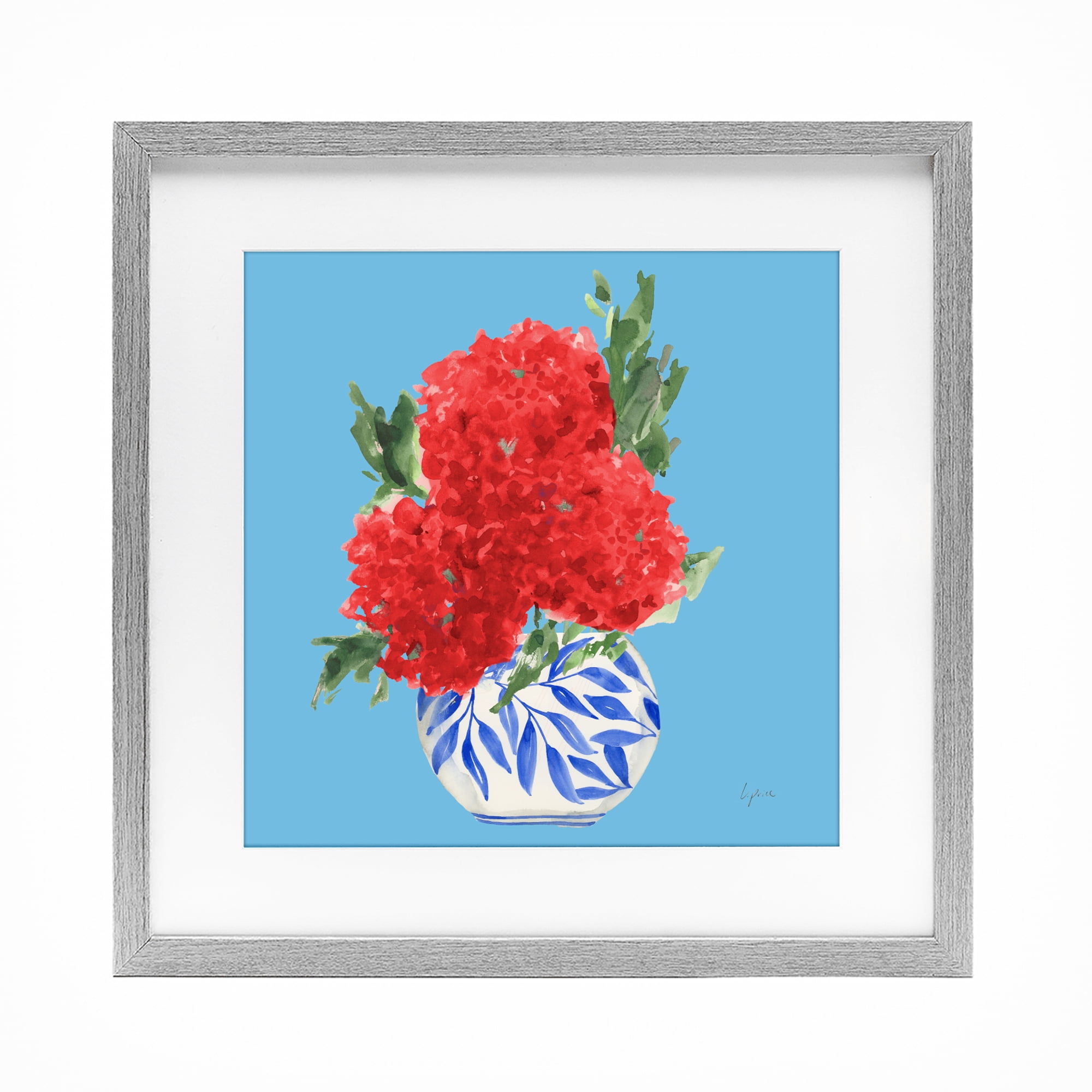 Stupell Industries Red Hydrangeas Blue Vase Gray Framed Print Under Glass, design by Lucille Price