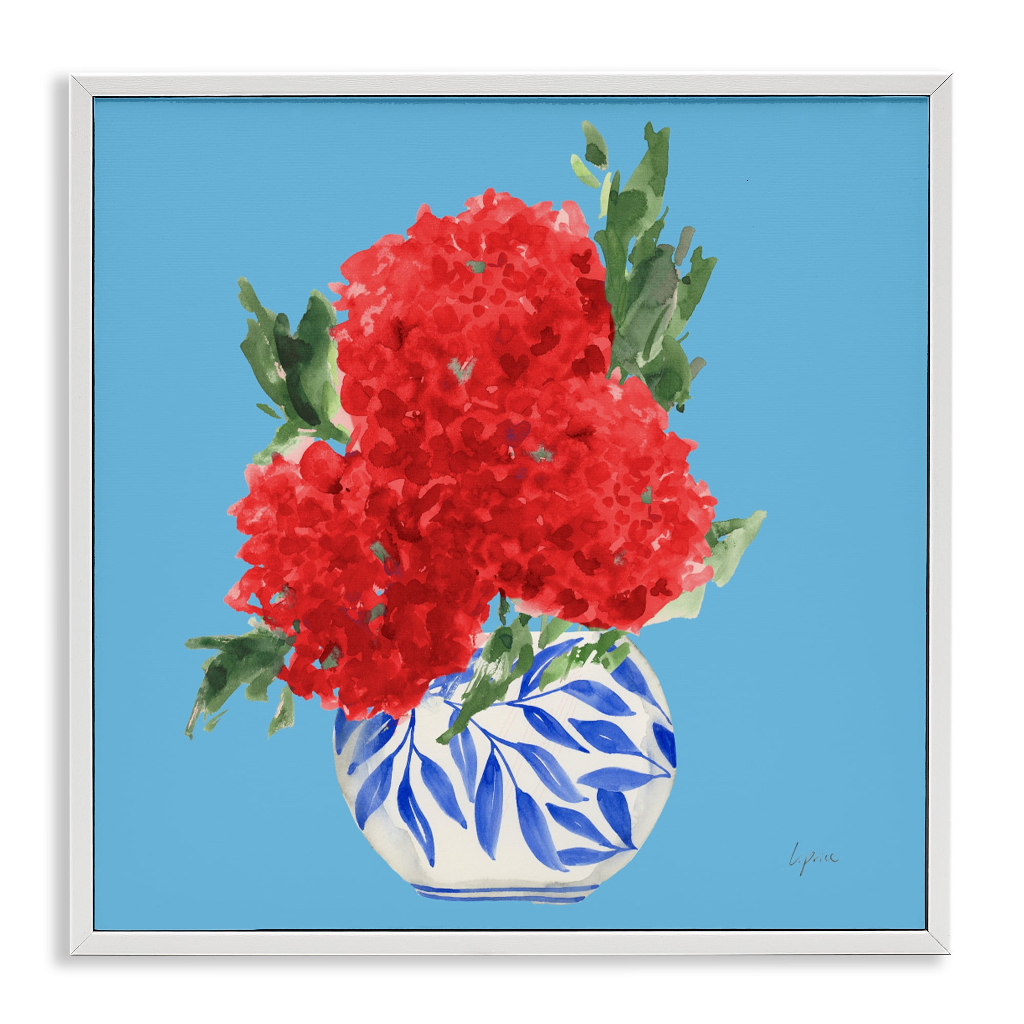 Stupell Industries Red Hydrangeas Blue Vase White Framed Giclee Art, design by Lucille Price
