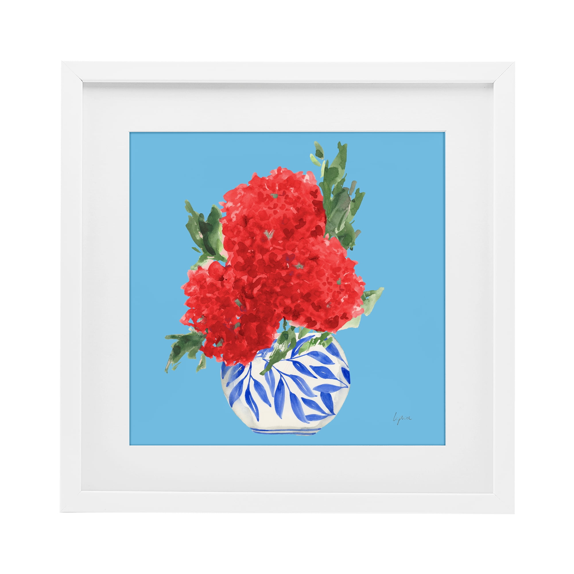 Stupell Industries Red Hydrangeas Blue Vase White Framed Print Under Glass, design by Lucille Price