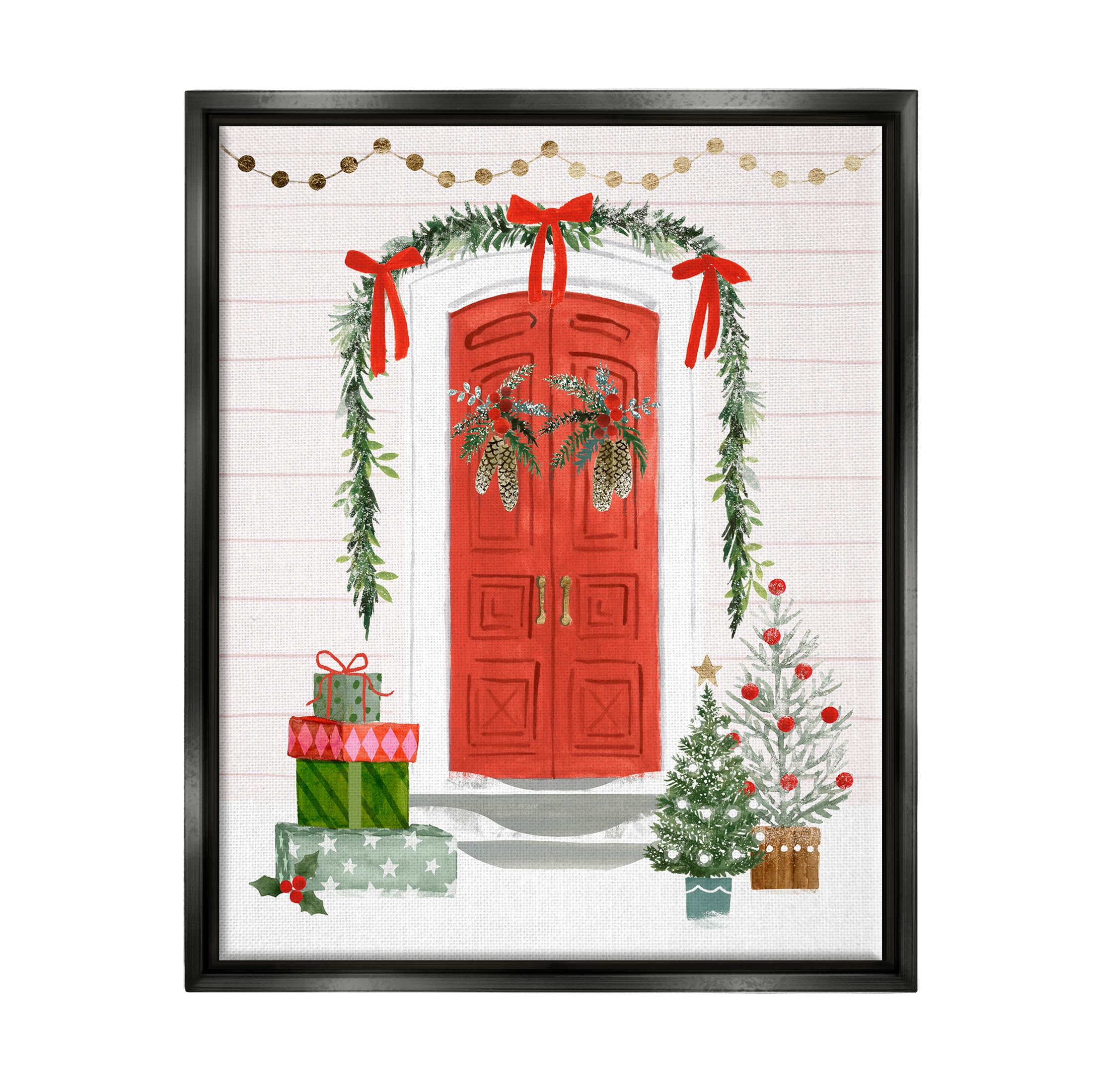 Stupell Industries Red Jolly Christmas Doorway Graphic Art Jet Black Floating Framed Canvas Print Wall Art, Design by Victoria Barnes