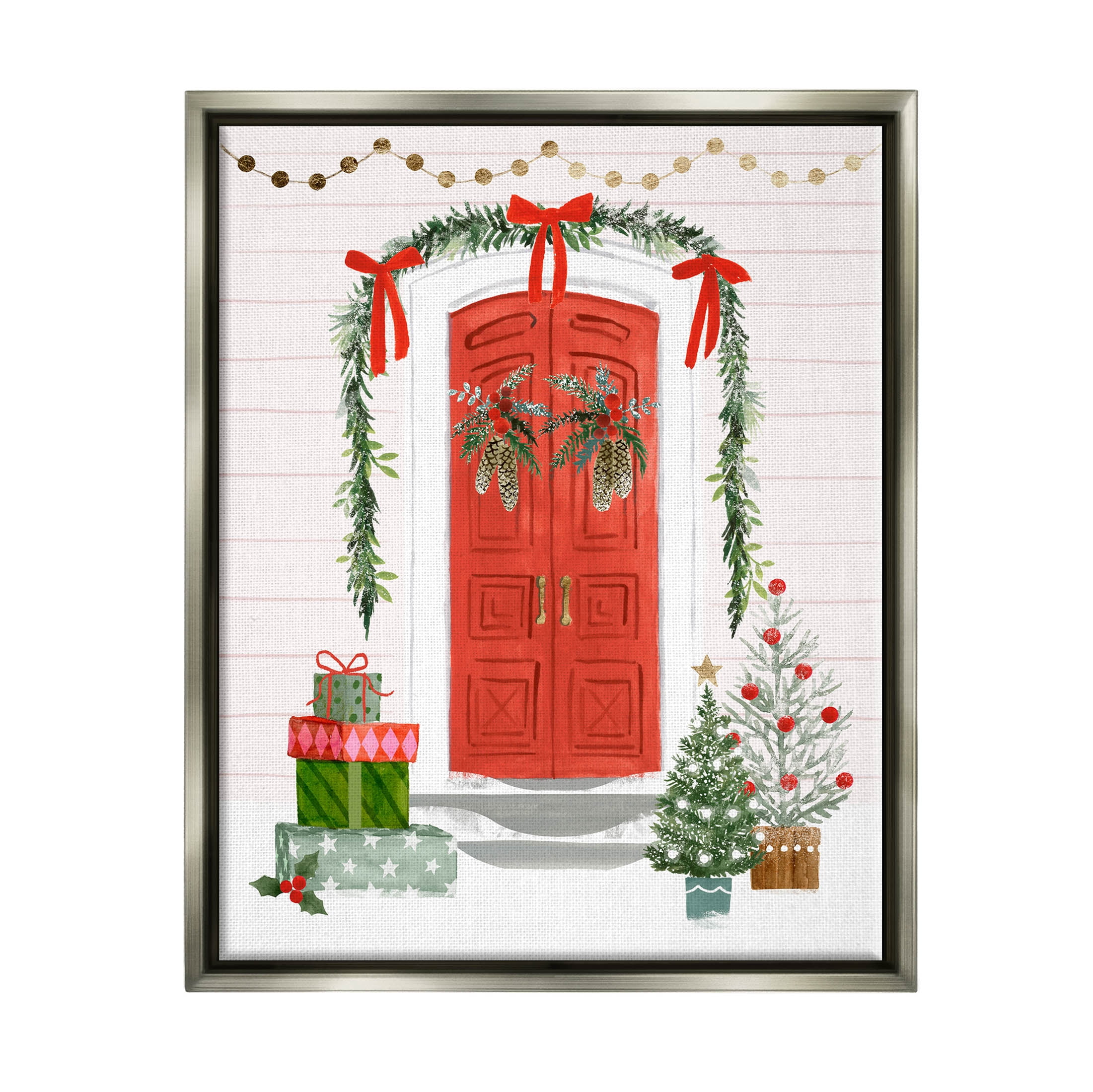 Stupell Industries Red Jolly Christmas Doorway Graphic Art Luster Gray Floating Framed Canvas Print Wall Art, Design by Victoria Barnes