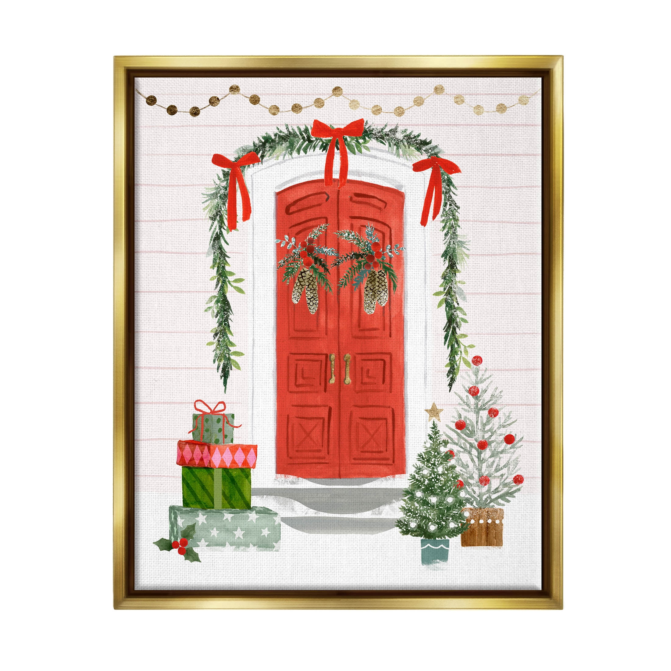Stupell Industries Red Jolly Christmas Doorway Graphic Art Metallic Gold Floating Framed Canvas Print Wall Art, Design by Victoria Barnes