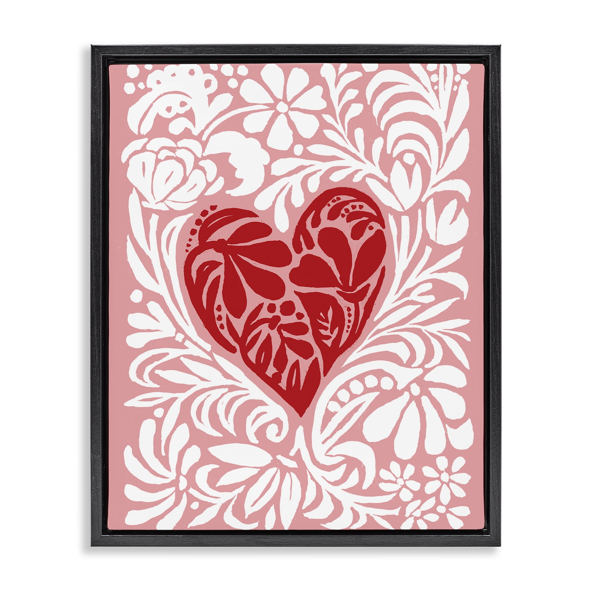 Stupell Industries Red Leafy Heart on Pink Black Framed Floater Canvas Wall Art, design by Cindy Jacobs