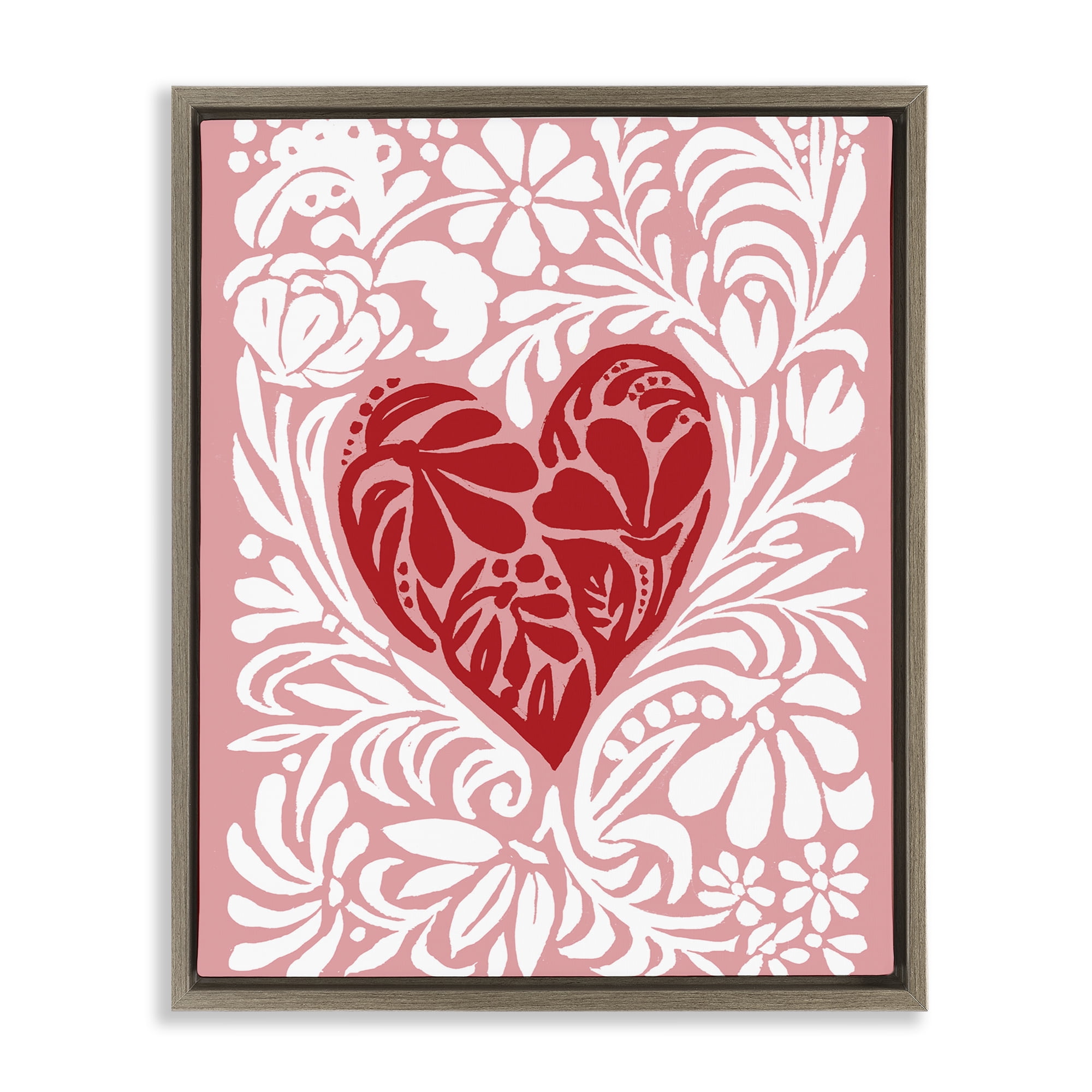 Stupell Industries Red Leafy Heart on Pink Brown Framed Floater Canvas Wall Art, design by Cindy Jacobs