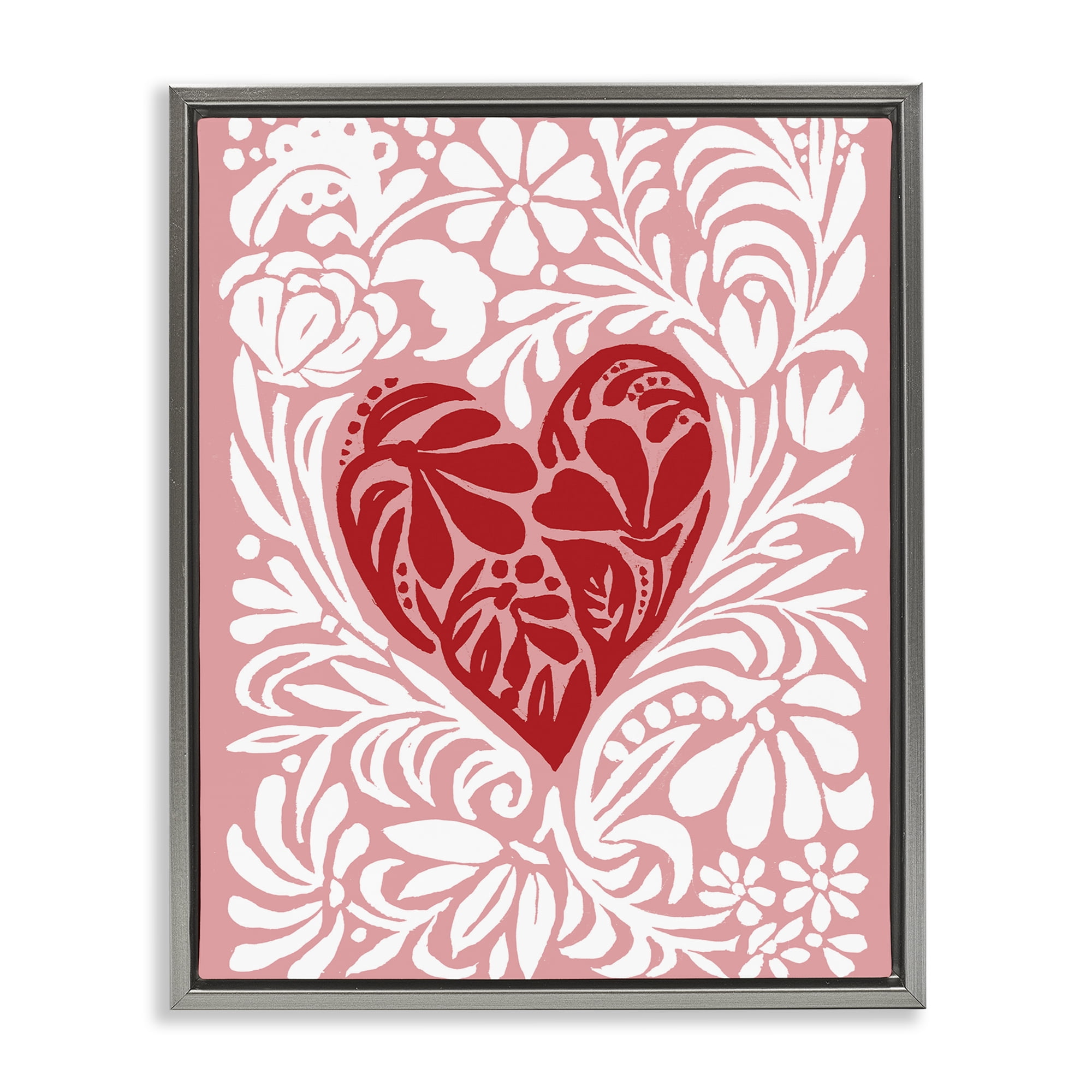 Stupell Industries Red Leafy Heart on Pink Gray Framed Floater Canvas Wall Art, design by Cindy Jacobs