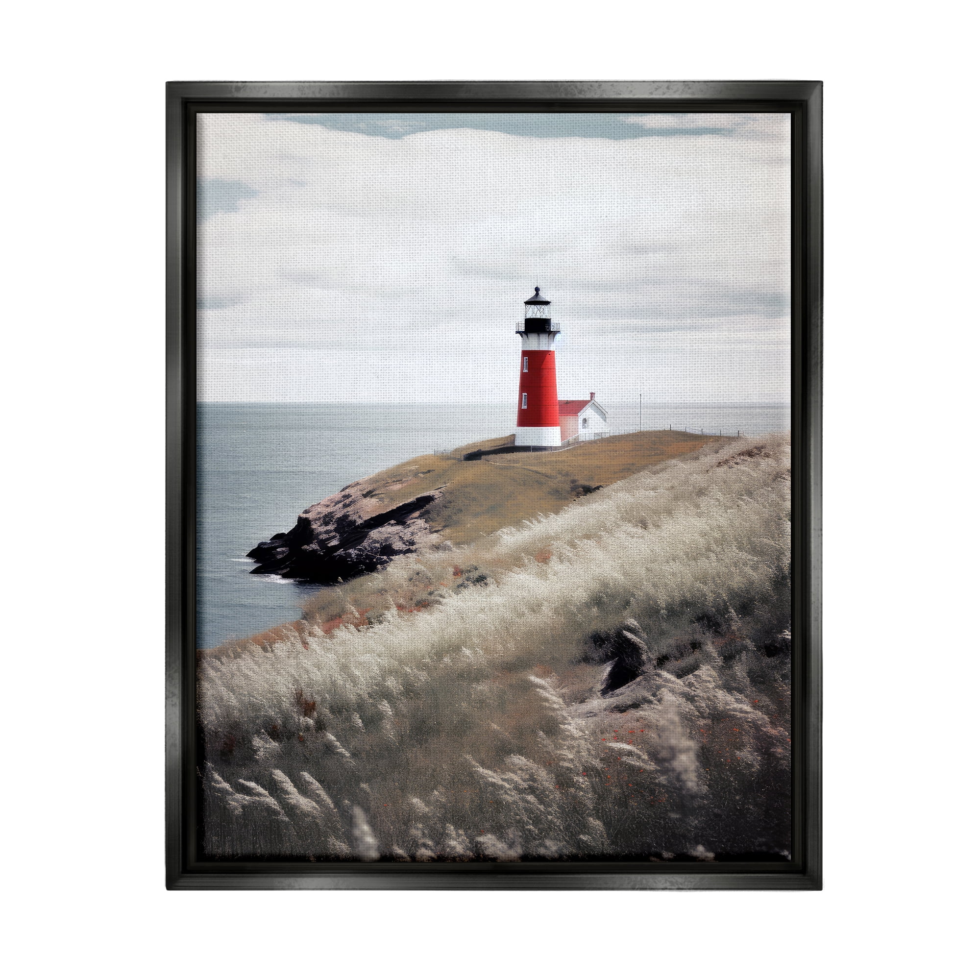 Stupell Industries Red Lighthouse Landscape Landscape Photography Black Floater Framed Canvas Art Print Wall Art, 25 x 31