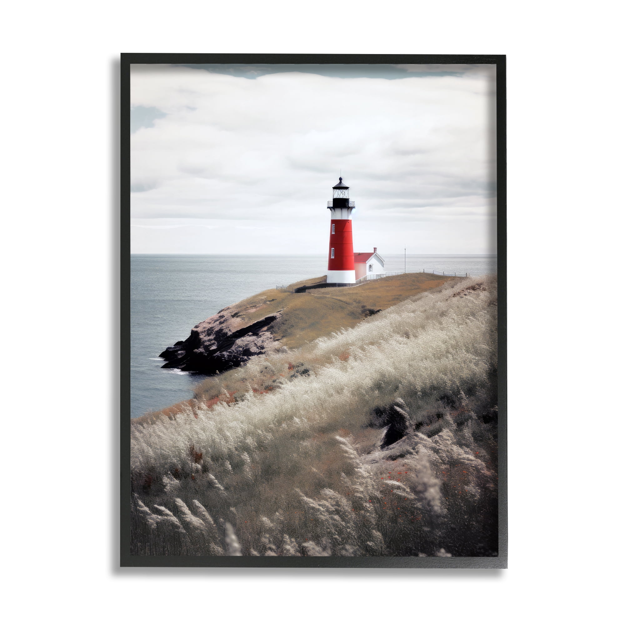 Stupell Industries Red Lighthouse Landscape Landscape Photography Black Framed Art Print Wall Art, 11 x 14