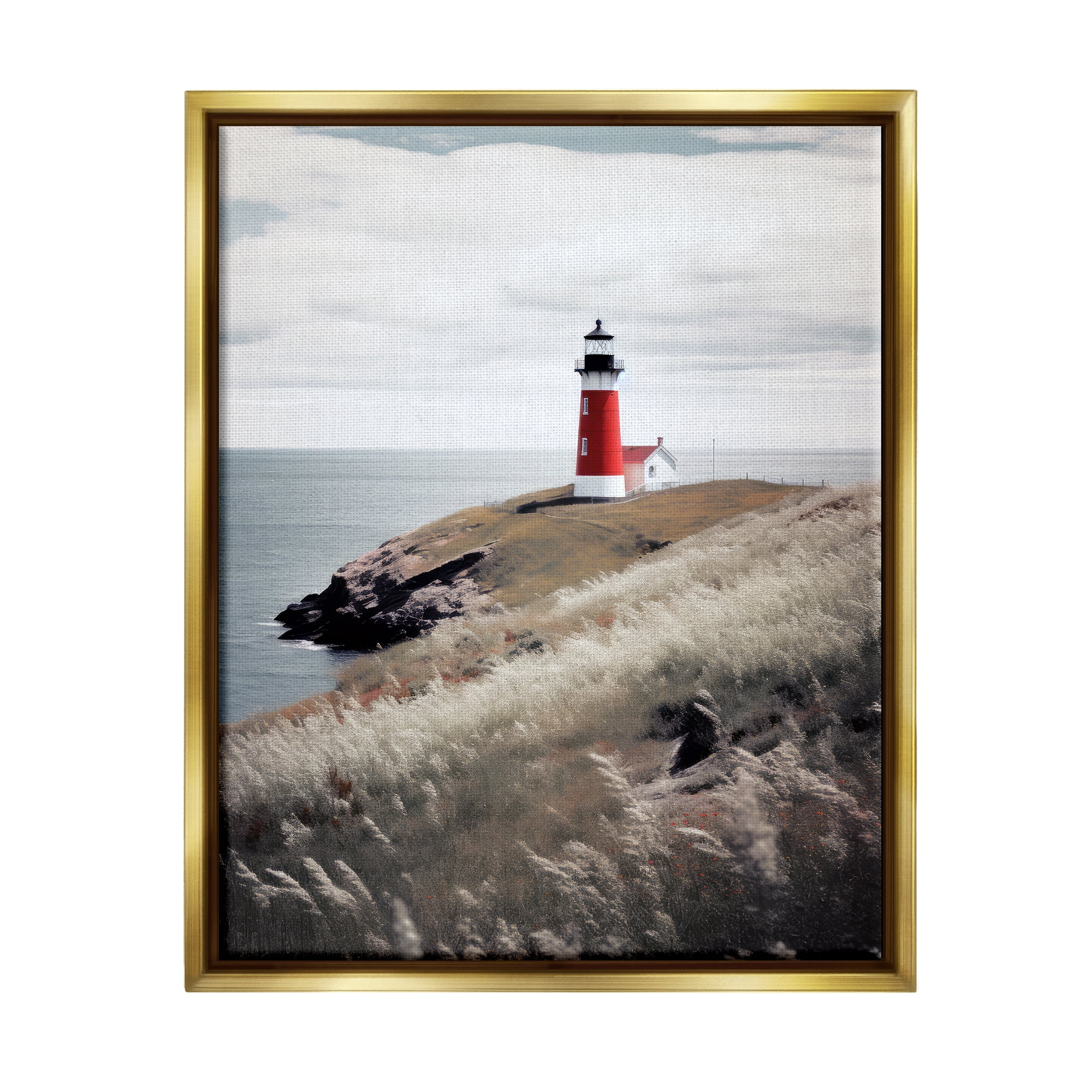 Stupell Industries Red Lighthouse Landscape Landscape Photography Gold Floater Framed Canvas Art Print Wall Art, 17 x 21