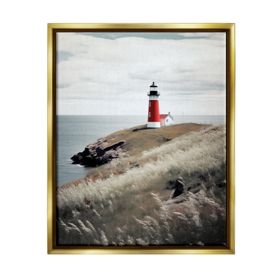 Stupell Industries Red Lighthouse Landscape Landscape Photography Gold Floater Framed Canvas Art Print Wall Art, 25 x 31
