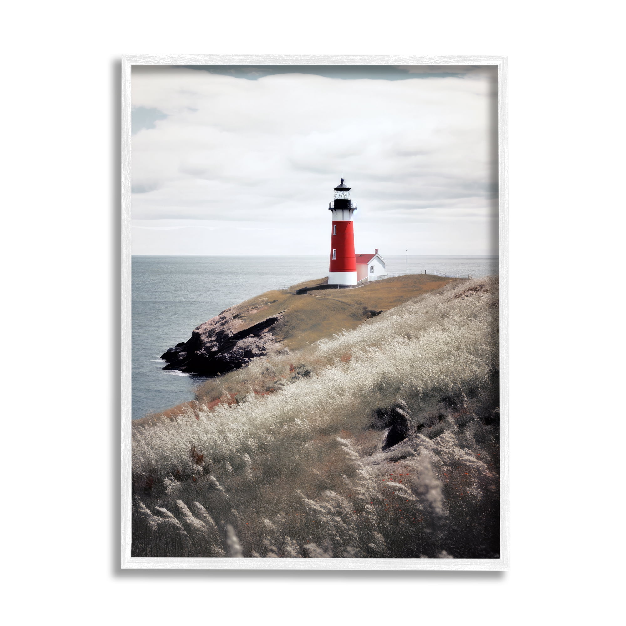 Stupell Industries Red Lighthouse Landscape Landscape Photography White Framed Art Print Wall Art, 24 x 30