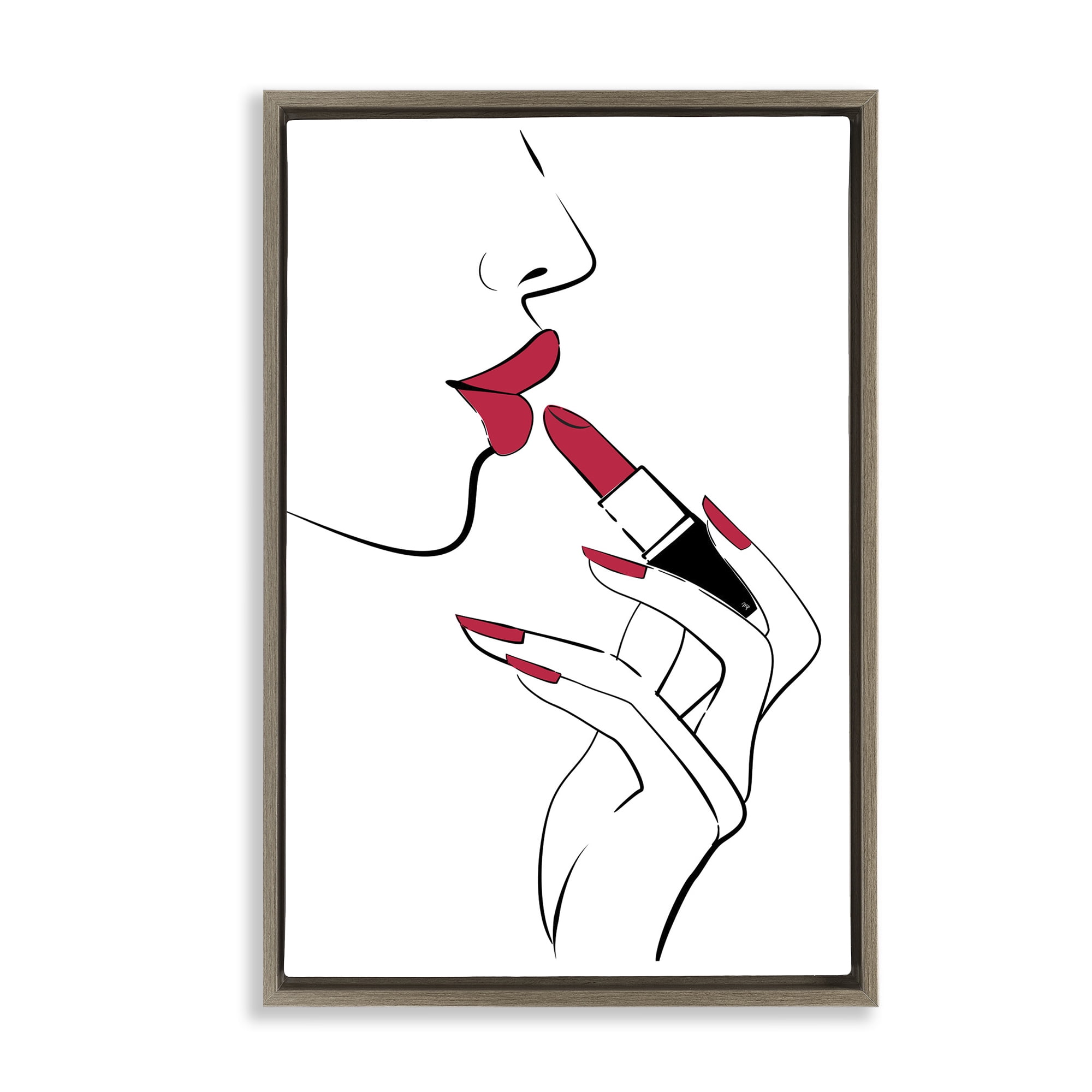 Stupell Industries Red Lips Makeup Novelty Painting Brown Floater Framed Art Print Wall Art, 21 x 31