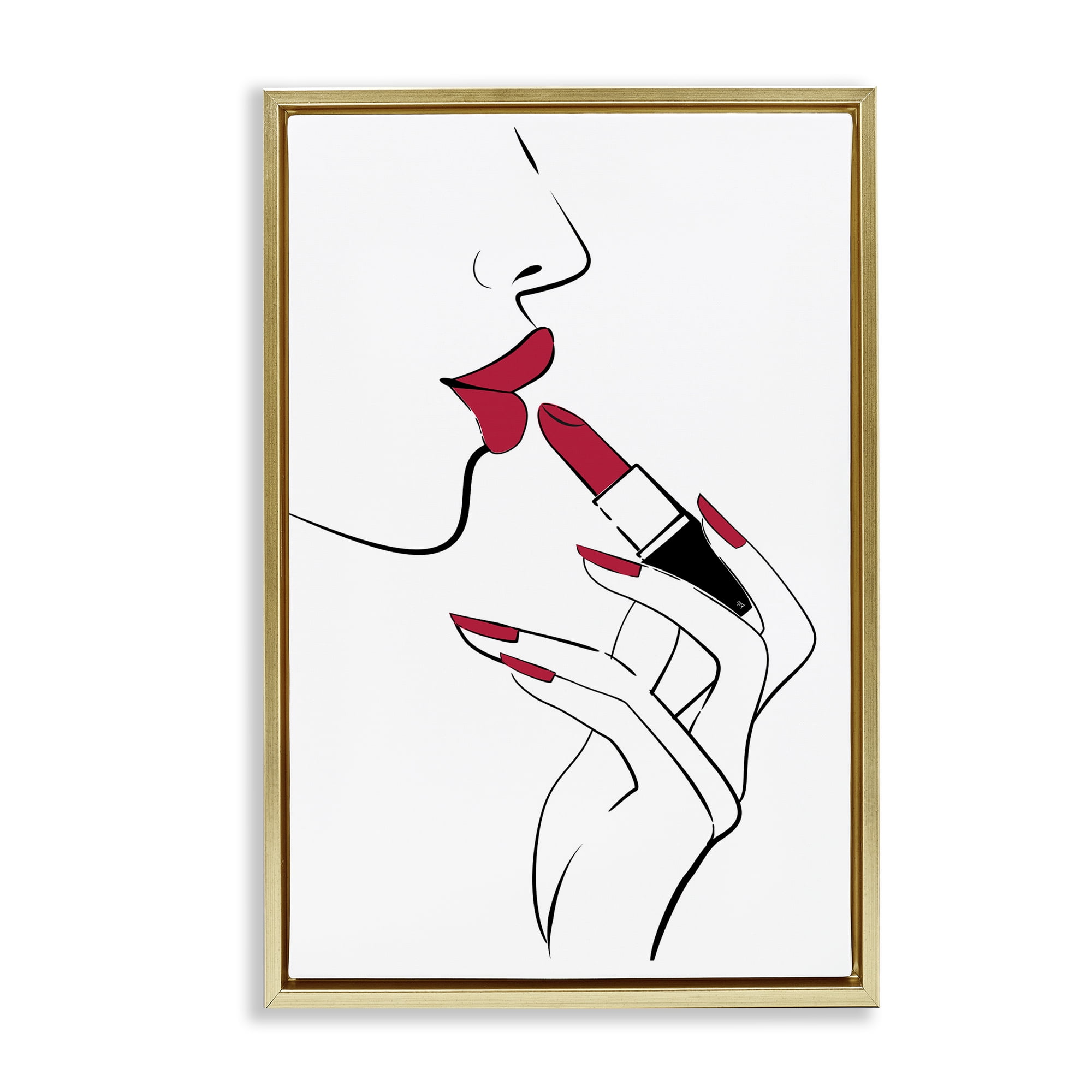 Stupell Industries Red Lips Makeup Novelty Painting Gold Floater Framed Art Print Wall Art, 17 x 25