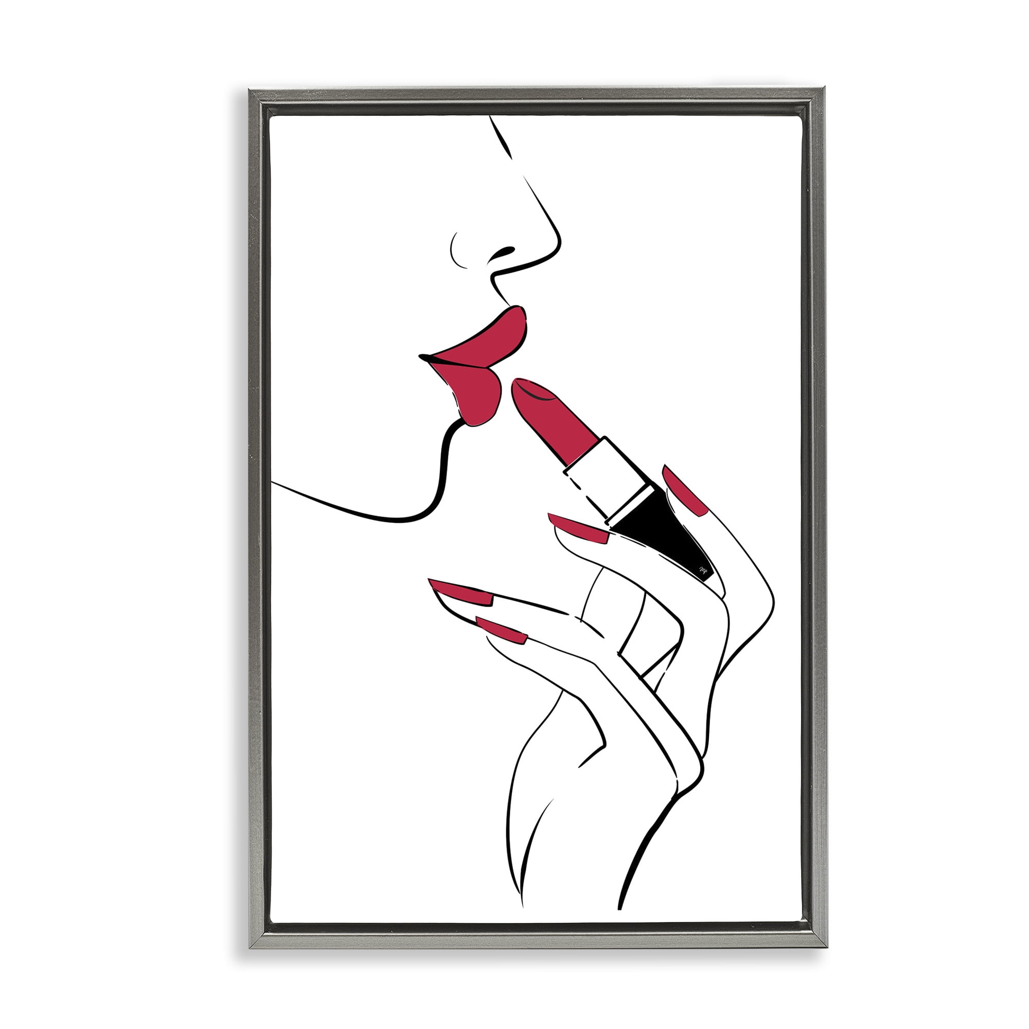 Stupell Industries Red Lips Makeup Novelty Painting Gray Floater Framed Art Print Wall Art, 21 x 31