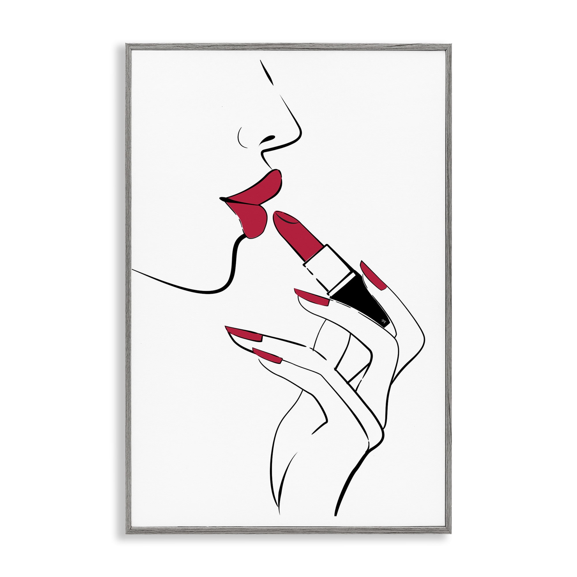 Stupell Industries Red Lips Makeup Novelty Painting Gray Framed Art Print Wall Art, 16 x 24