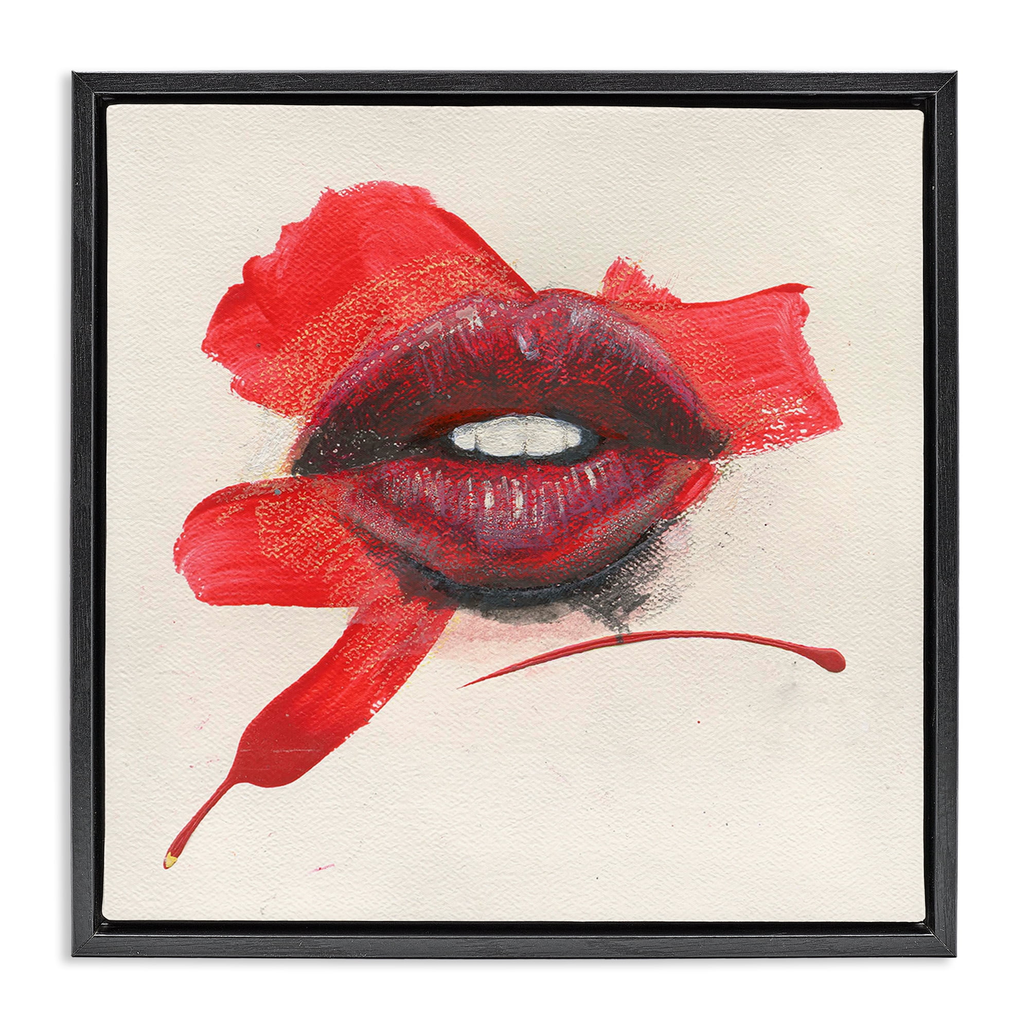 Stupell Industries Red Lips Paint Streak People Painting Black Floater Framed Canvas Art Print Wall Art, 25 x 25