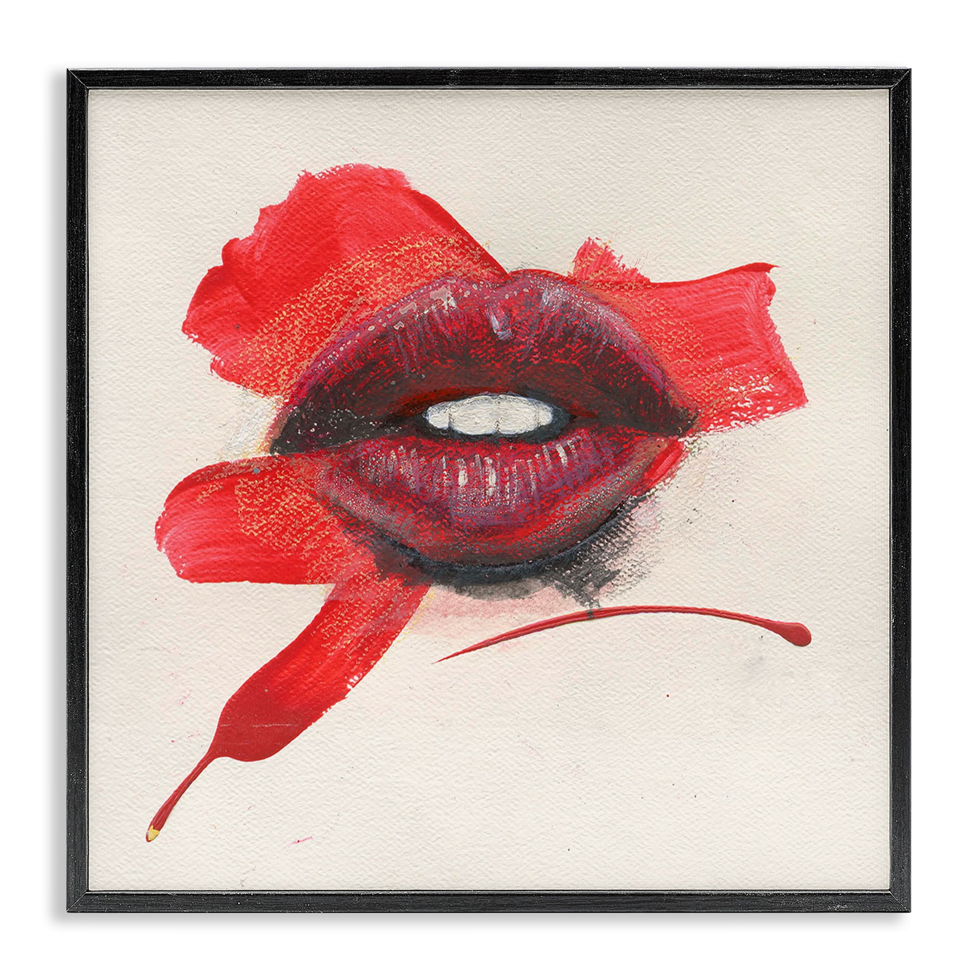 Stupell Industries Red Lips Paint Streak People Painting Black Framed Art Print Wall Art, 12 x 12