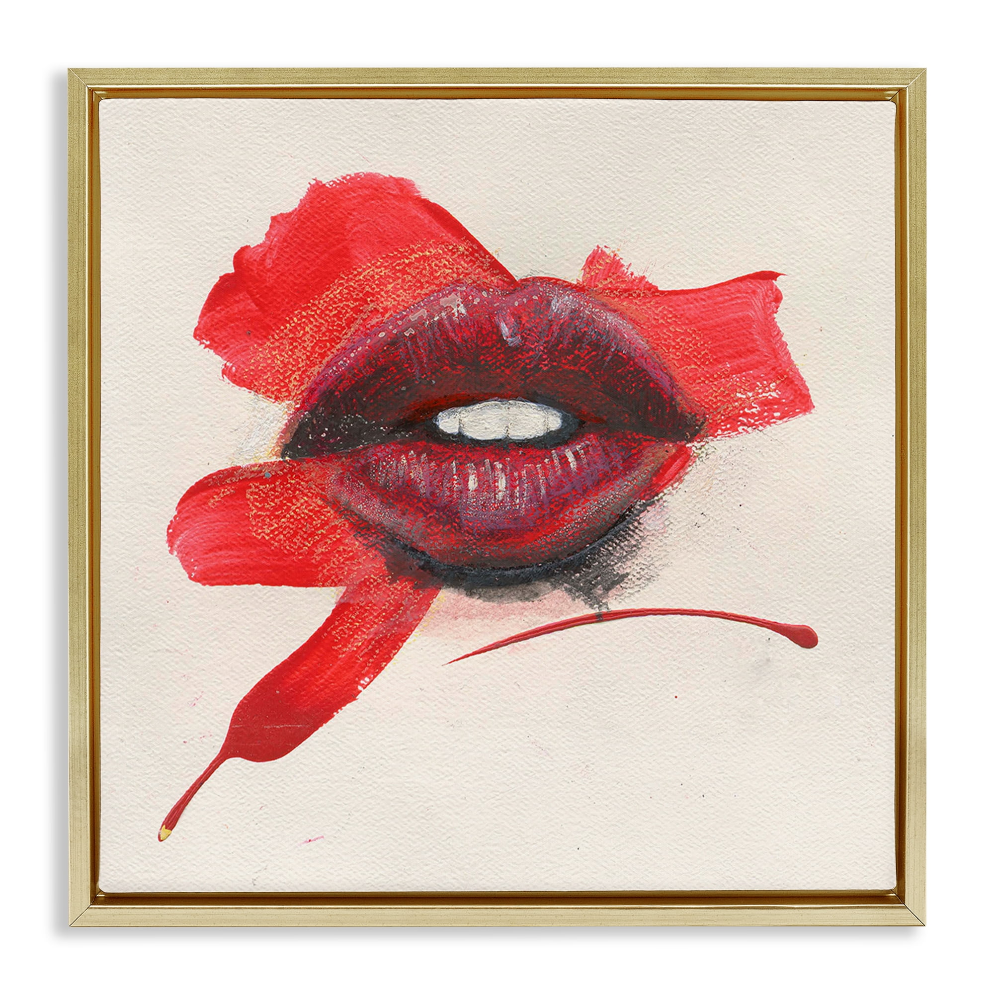 Stupell Industries Red Lips Paint Streak People Painting Gold Floater Framed Canvas Art Print Wall Art, 25 x 25
