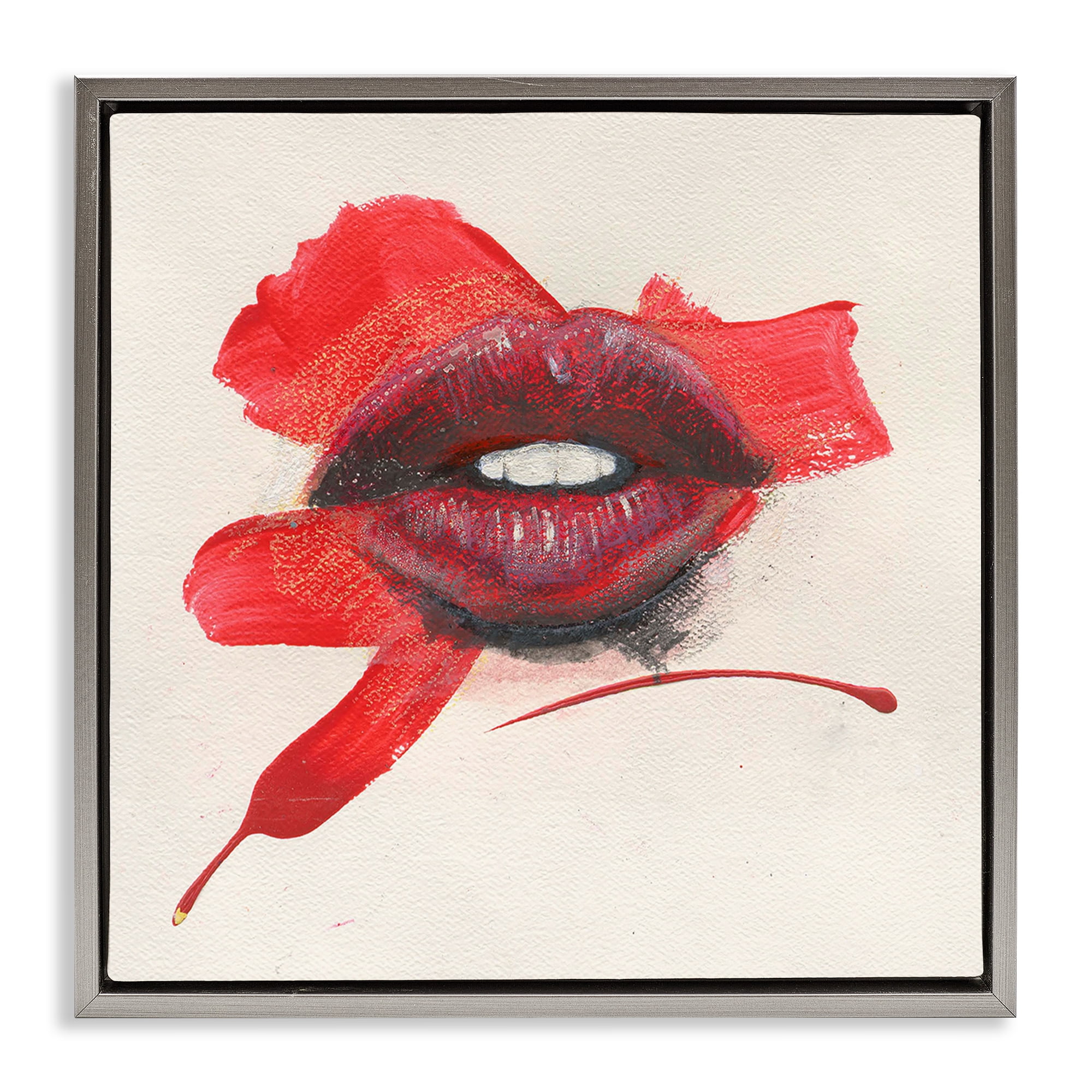 Stupell Industries Red Lips Paint Streak People Painting Gray Floater Framed Canvas Art Print Wall Art, 25 x 25