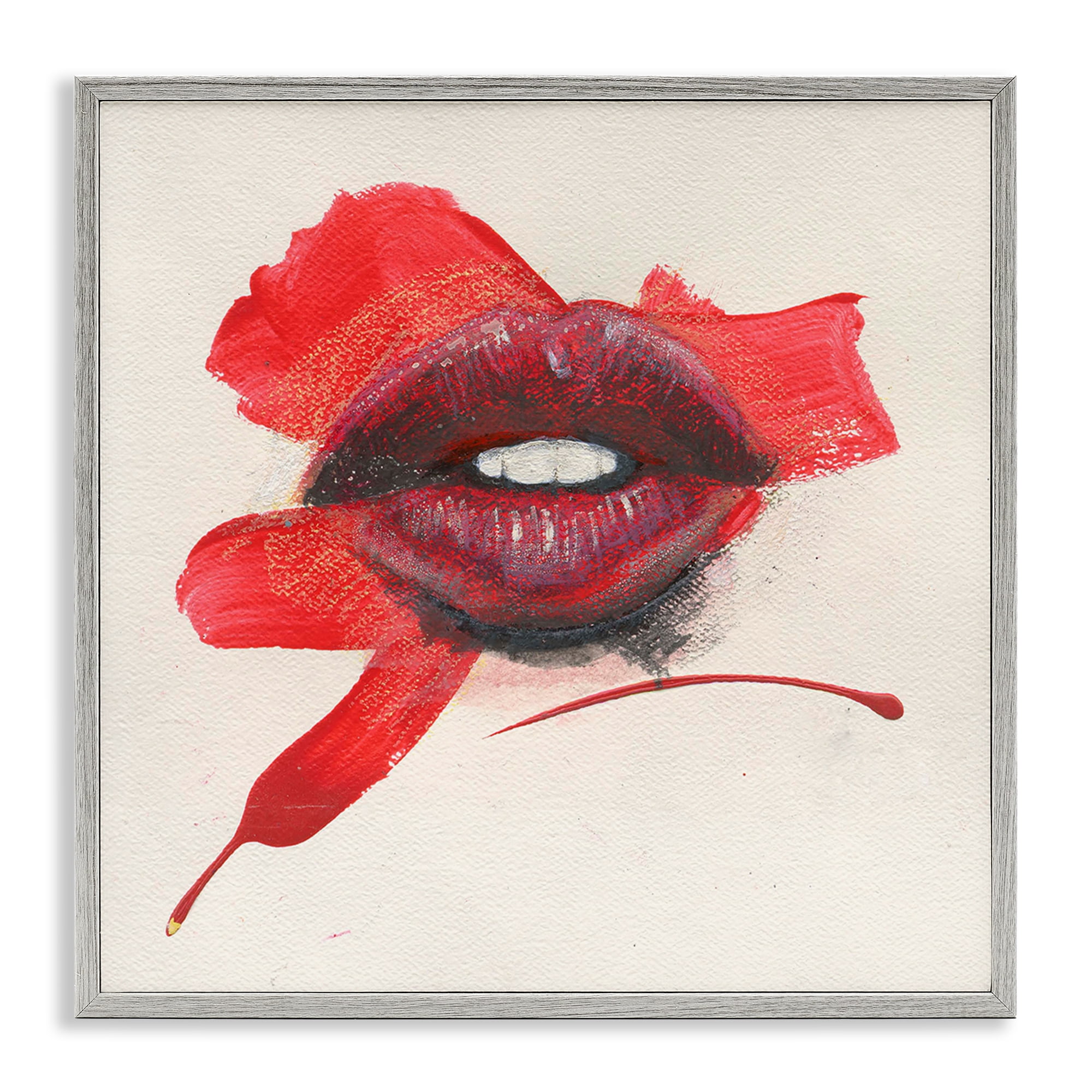 Stupell Industries Red Lips Paint Streak People Painting Gray Framed Art Print Wall Art, 17 x 17