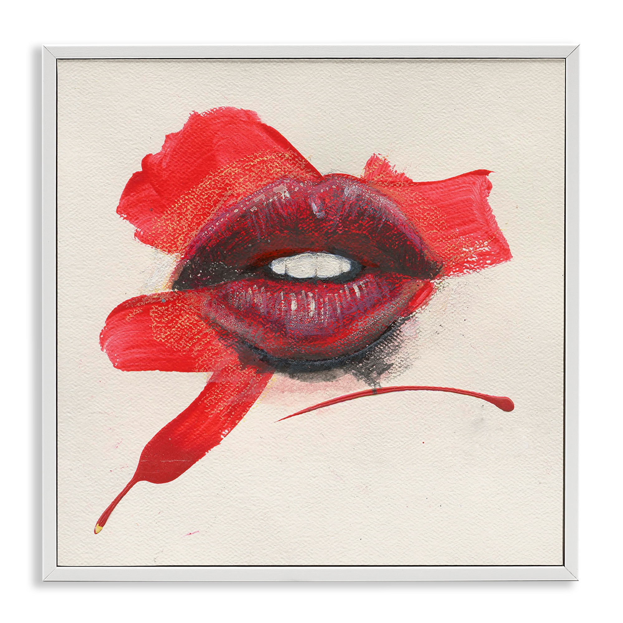 Stupell Industries Red Lips Paint Streak People Painting White Framed Art Print Wall Art, 12 x 12