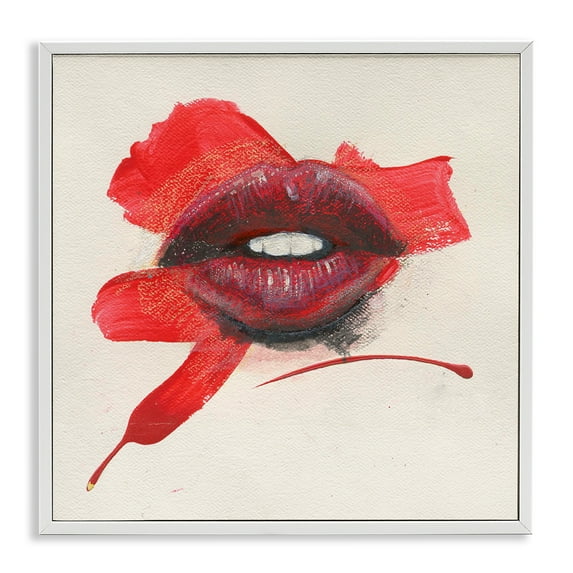 Stupell Industries Red Lips Paint Streak People Painting White Framed Art Print Wall Art, 24 x 24