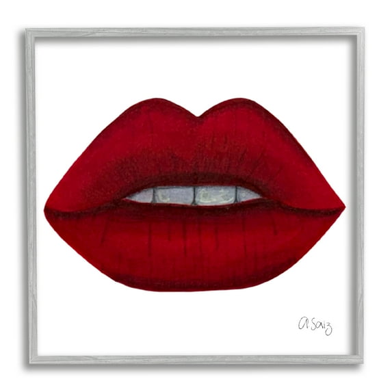 Stupell Industries Red Lips on White Beauty & Fashion Painting Gray Framed Art Print Wall Art, 24 x 24