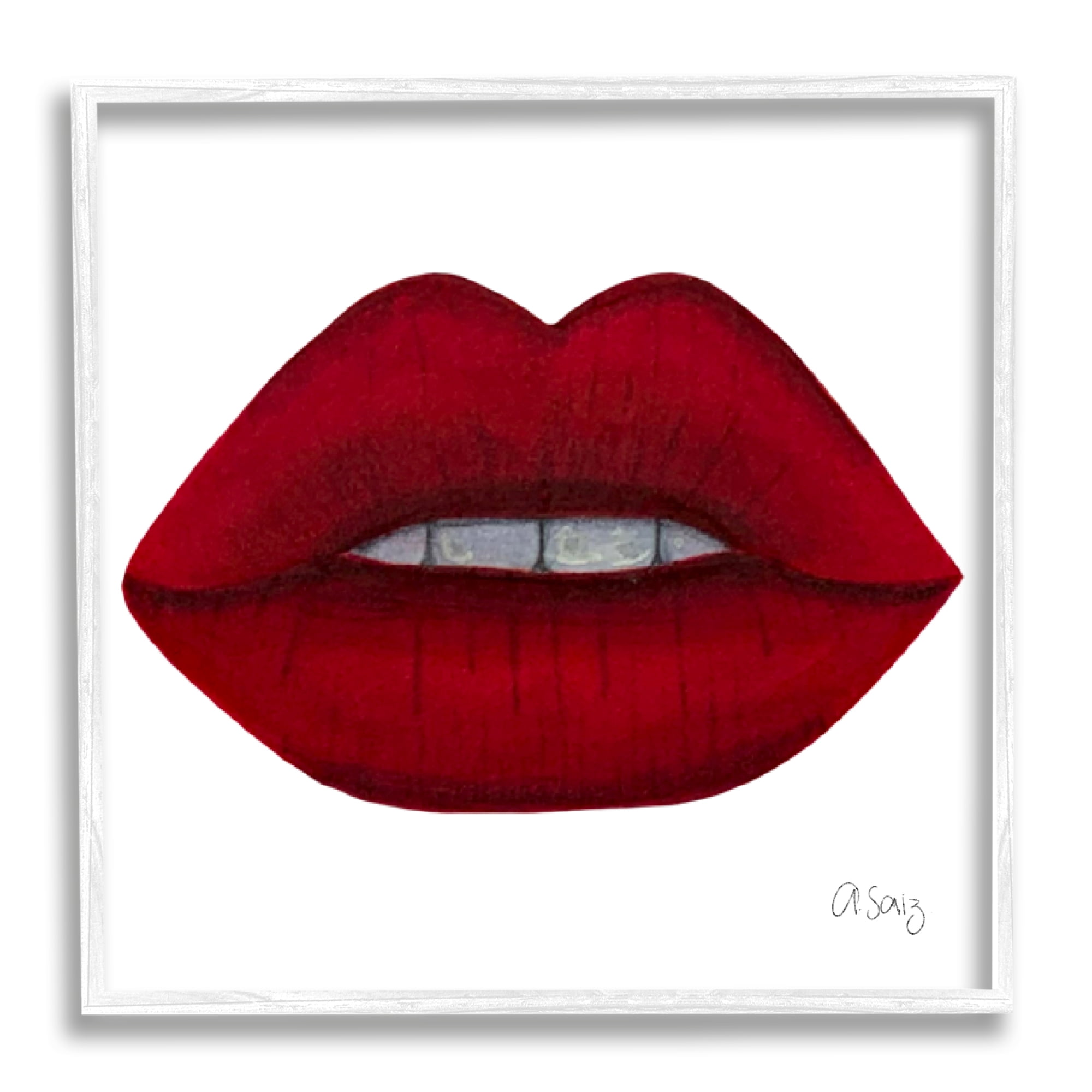 Stupell Industries Red Lips on White Beauty & Fashion Painting White Framed Art Print Wall Art, 12 x 12