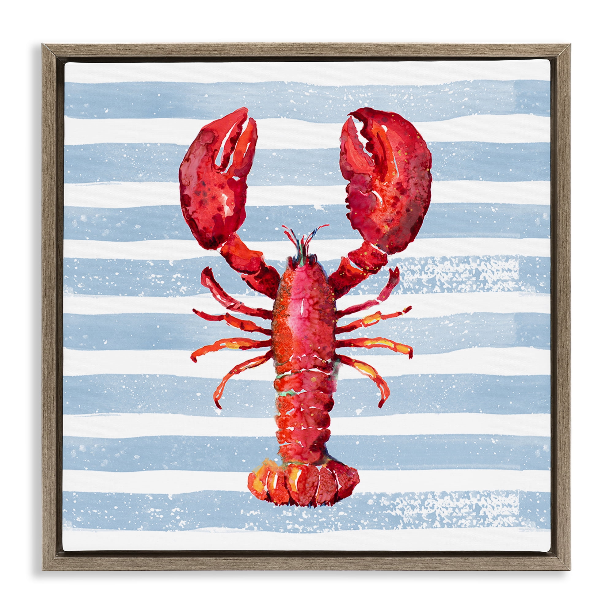 Stupell Industries Red Lobster on Blue Stripes Brown Framed Floater Canvas Wall Art, design by Patricia Pinto