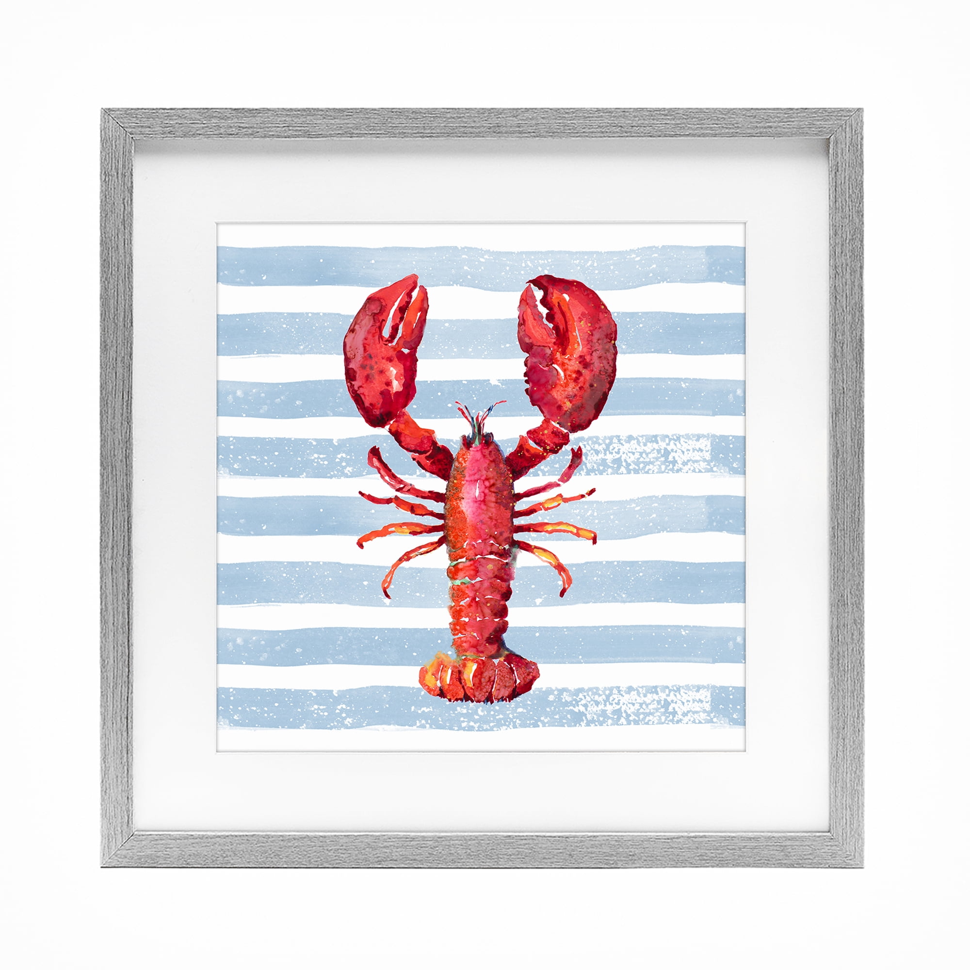 Stupell Industries Red Lobster on Blue Stripes Gray Framed Print Under Glass, design by Patricia Pinto