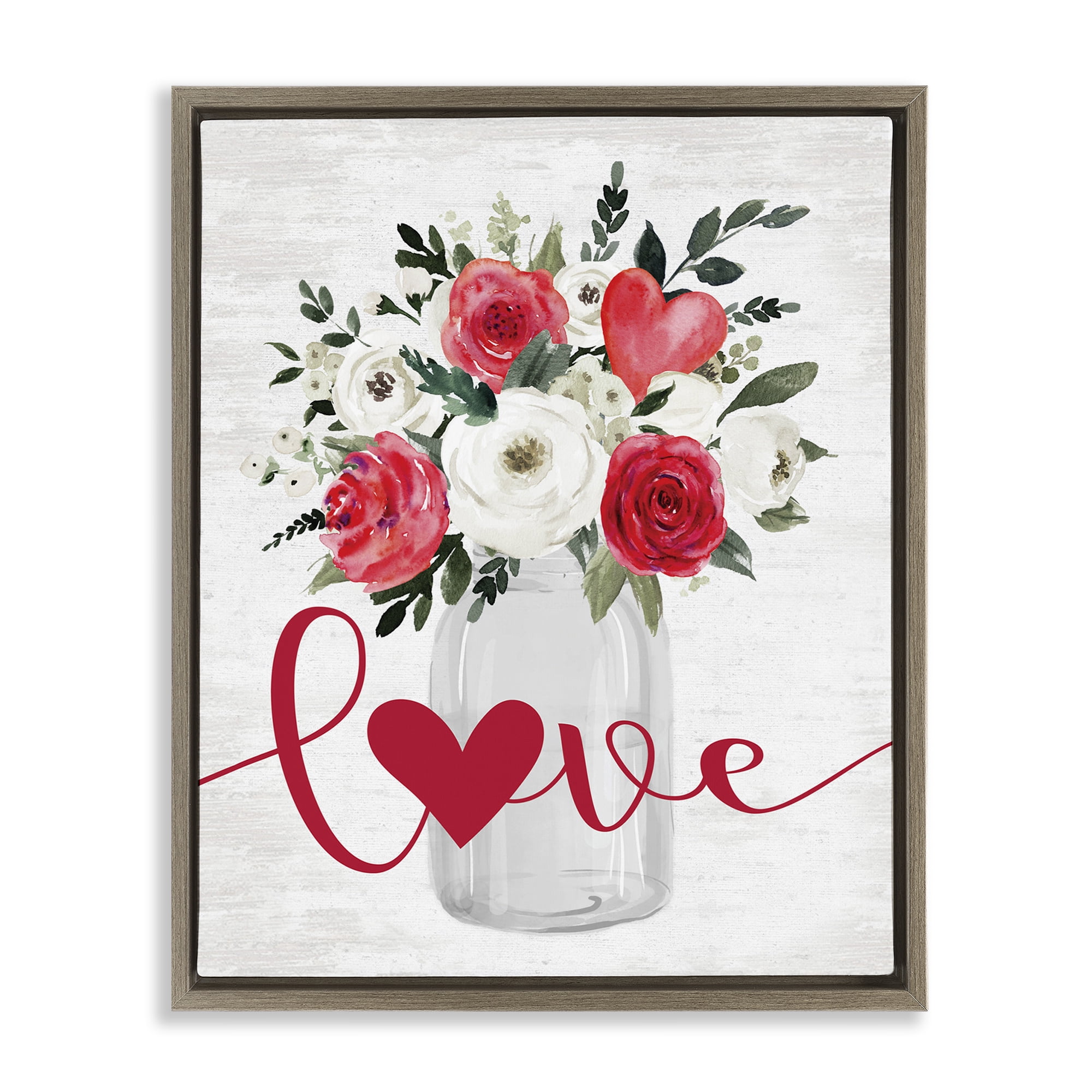 Stupell Industries Red Love Bouquet Botanical & Floral Painting Brown Floater Framed Canvas Art Print Wall Art, 17 x 21