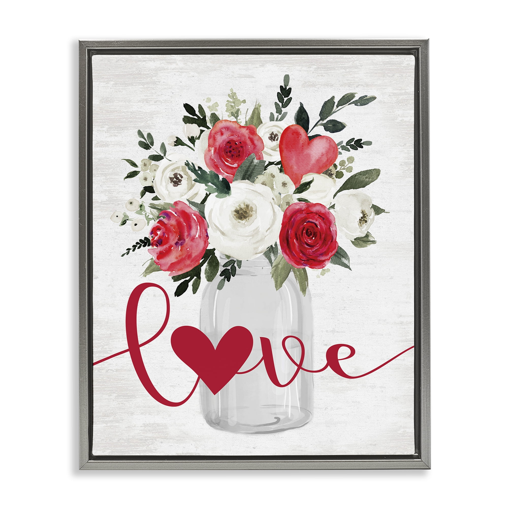 Stupell Industries Red Love Bouquet Botanical & Floral Painting Gray Floater Framed Canvas Art Print Wall Art, 25 x 31