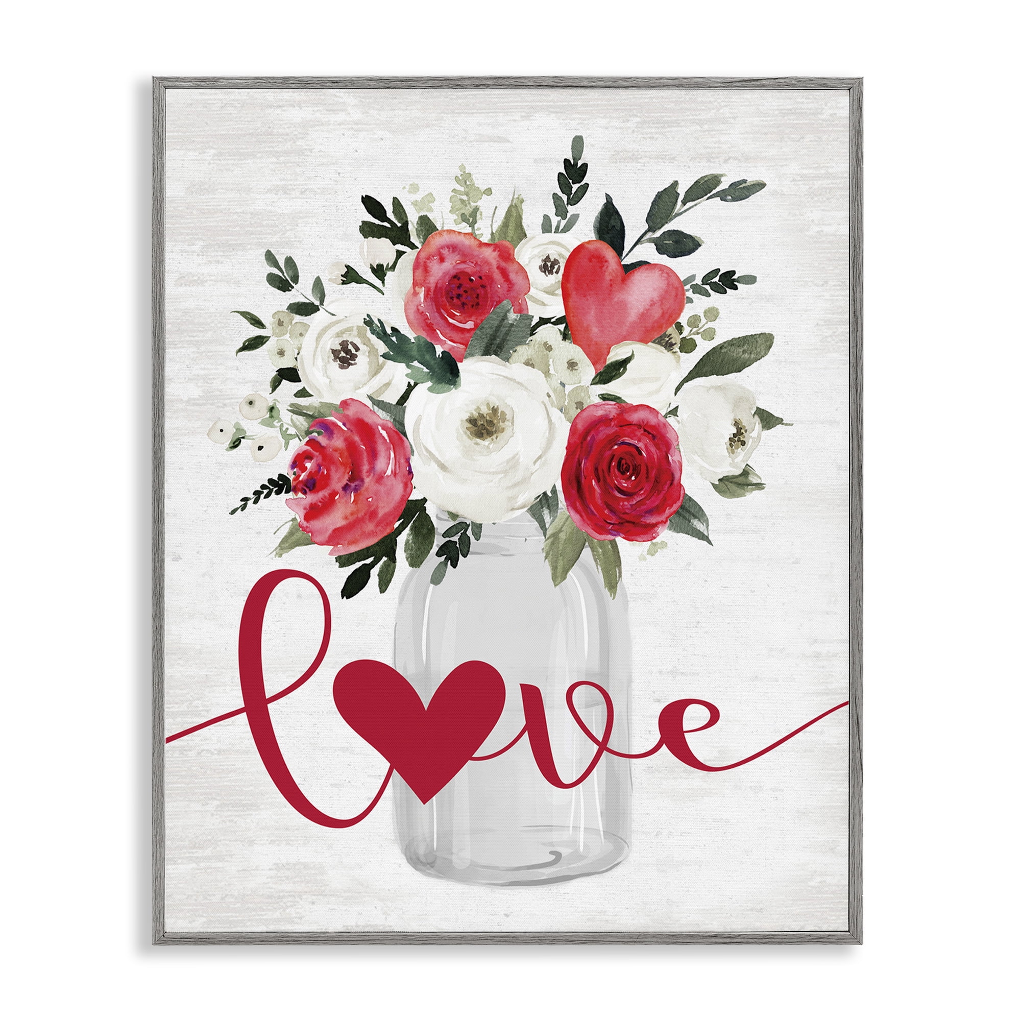 Stupell Industries Red Love Bouquet Botanical & Floral Painting Gray Framed Art Print Wall Art, 16 x 20