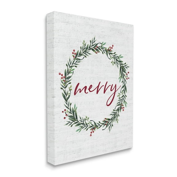 Stupell Industries Red Merry Text Festive Country Holiday Wreath Holiday Painting Gallery Wrapped Canvas Art Print Wall Art, 16 x 20