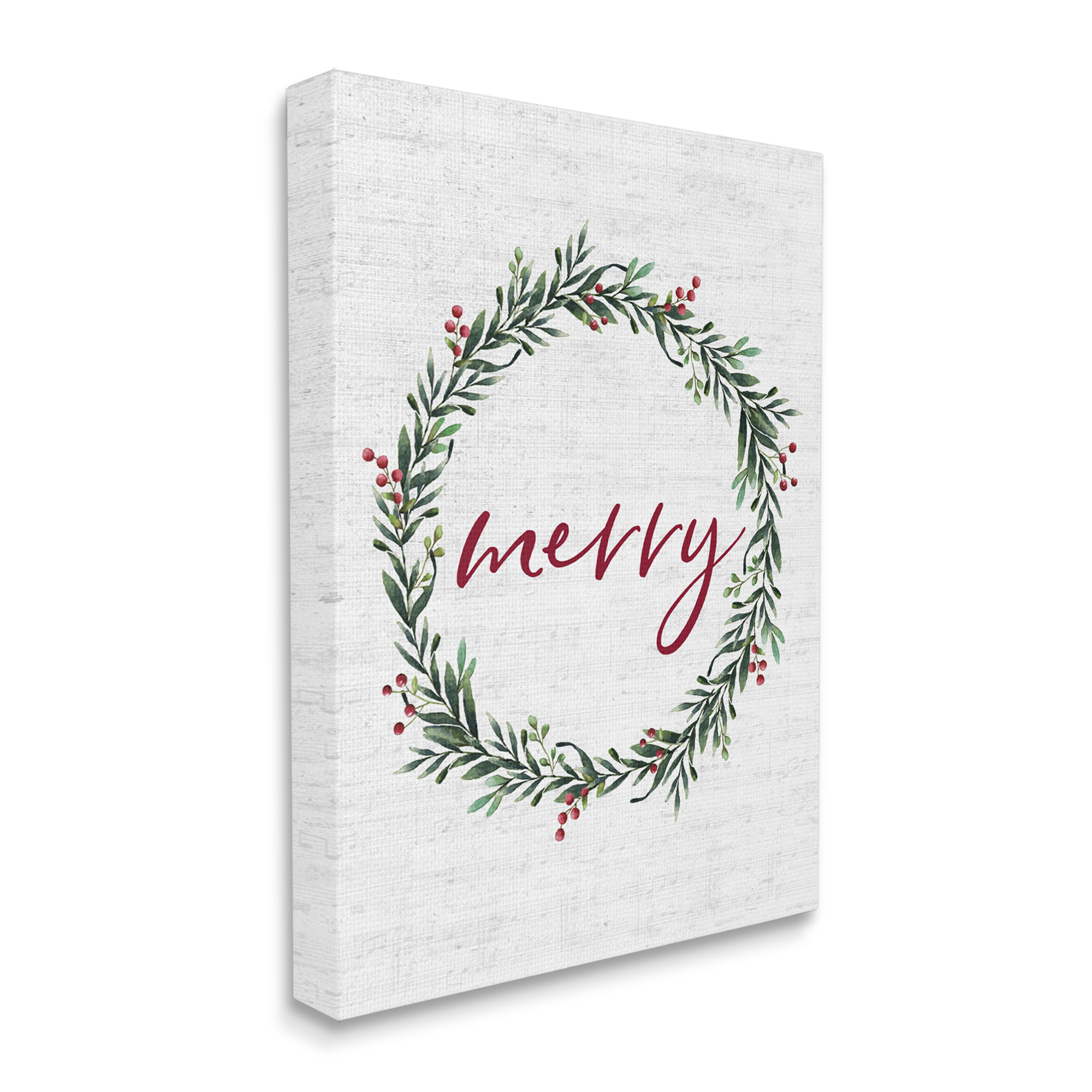 Stupell Industries Red Merry Text Festive Country Holiday Wreath Holiday Painting Gallery Wrapped Canvas Art Print Wall Art, 24 x 30