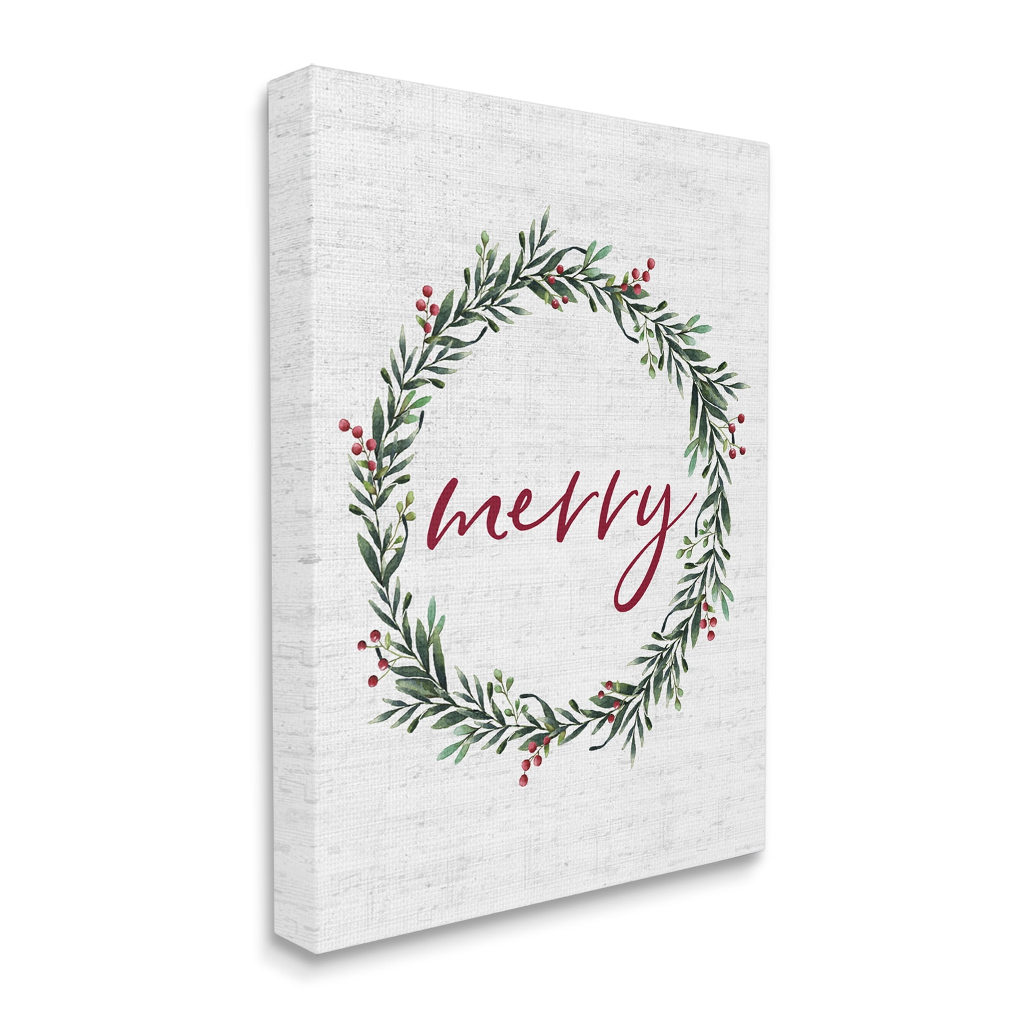 Stupell Industries Red Merry Text Festive Country Holiday Wreath Holiday Painting Gallery Wrapped Canvas Art Print Wall Art, 36 x 48