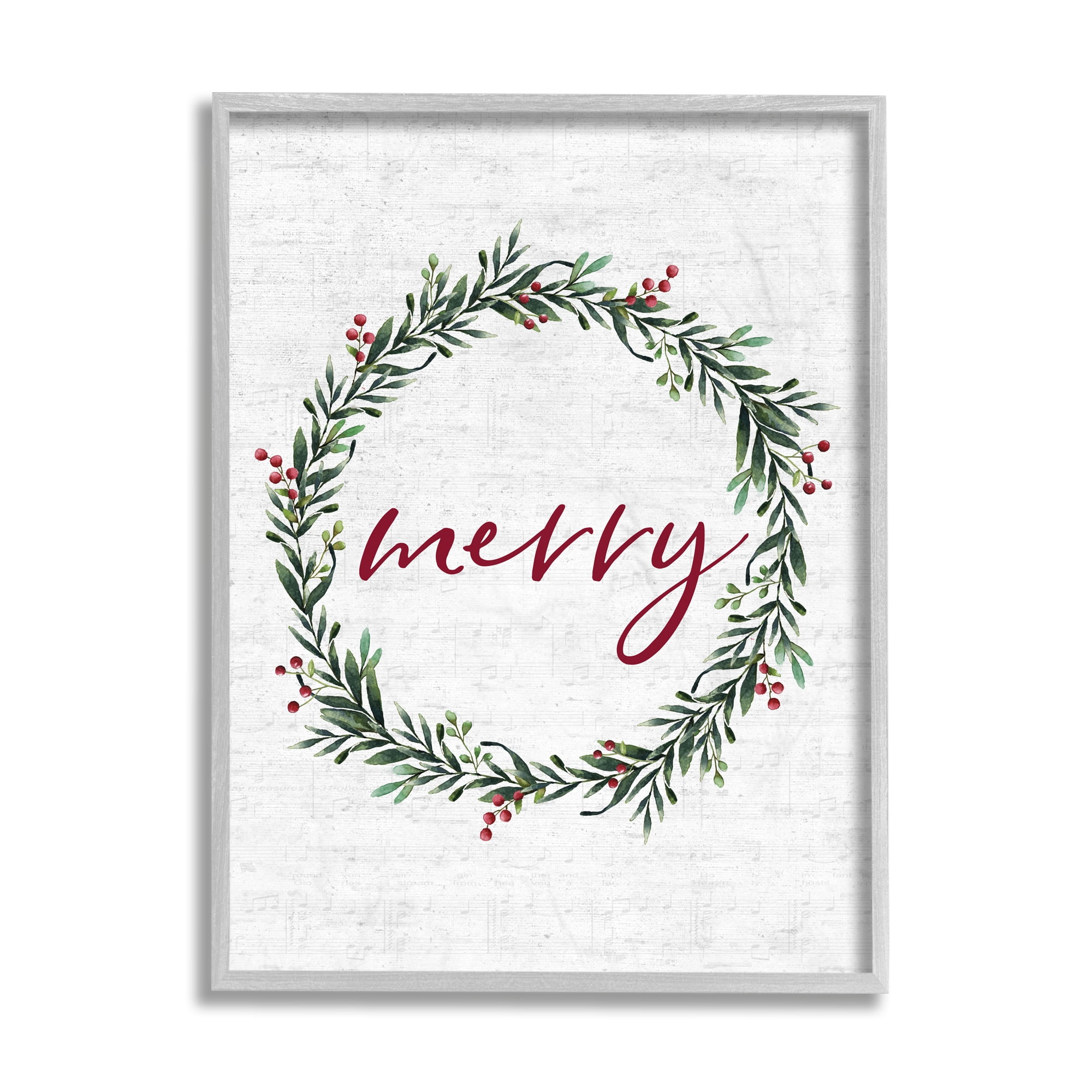 Stupell Industries Red Merry Text Festive Country Holiday Wreath Holiday Painting Gray Framed Art Print Wall Art, 16 x 20