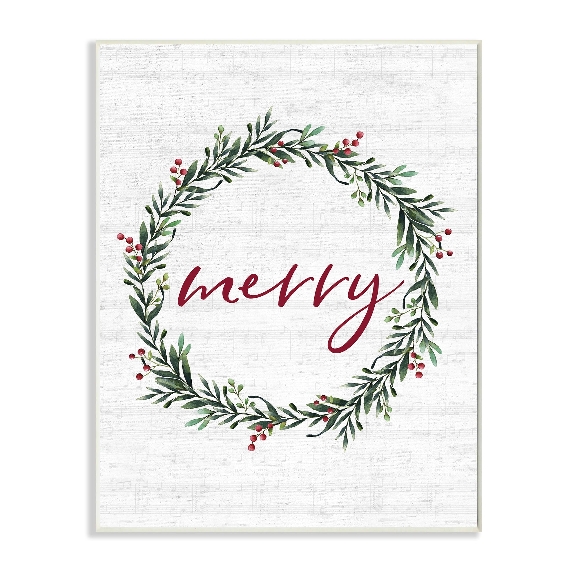 Stupell Industries Red Merry Text Festive Country Holiday Wreath Holiday Painting Wall Plaque Art Print Wall Art, 10 x 15