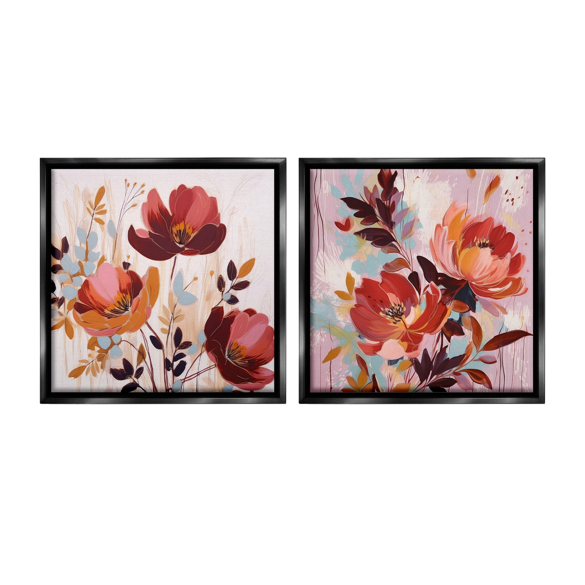 Stupell Industries Red Modern Flowers Botanical & Floral Painting Black Floater Framed Canvas Art Print Wall Art, 25 x 25, Set of 2