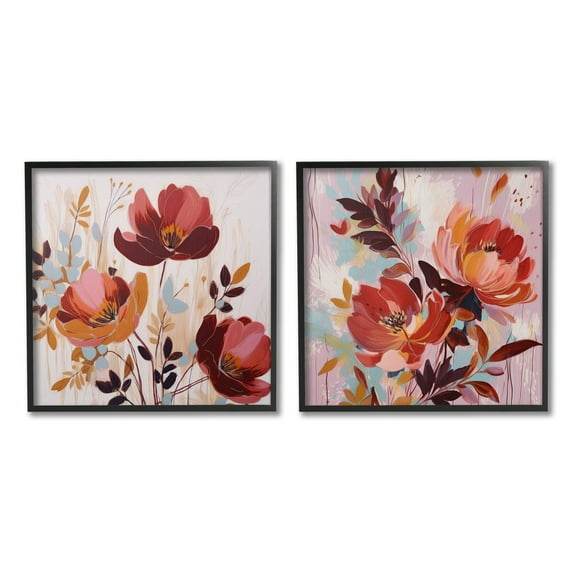 Stupell Industries Red Modern Flowers Botanical & Floral Painting Black Framed Art Print Wall Art, 12 x 12, Set of 2