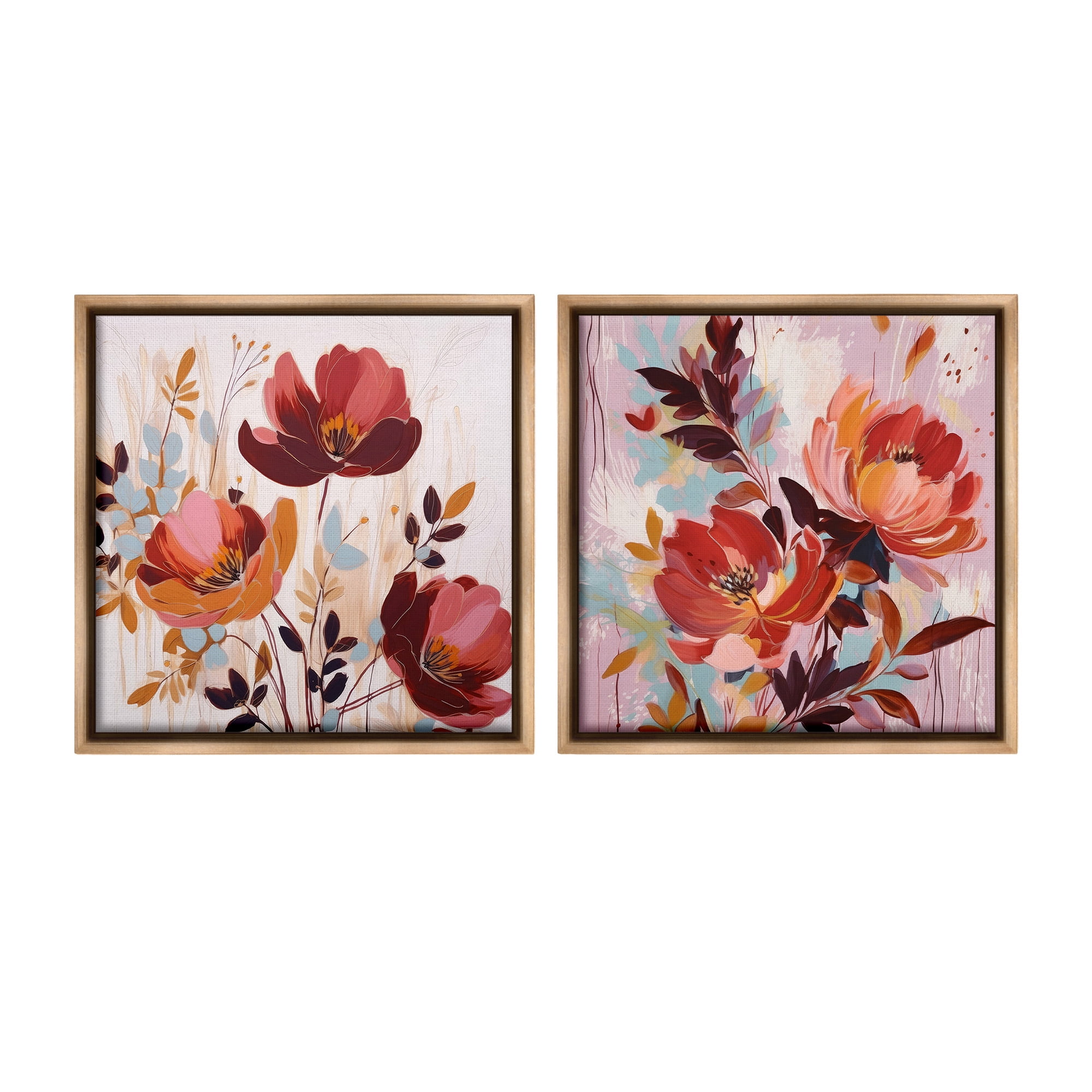 Stupell Industries Red Modern Flowers Botanical & Floral Painting Brown Floater Framed Canvas Art Print Wall Art, 25 x 25, Set of 2