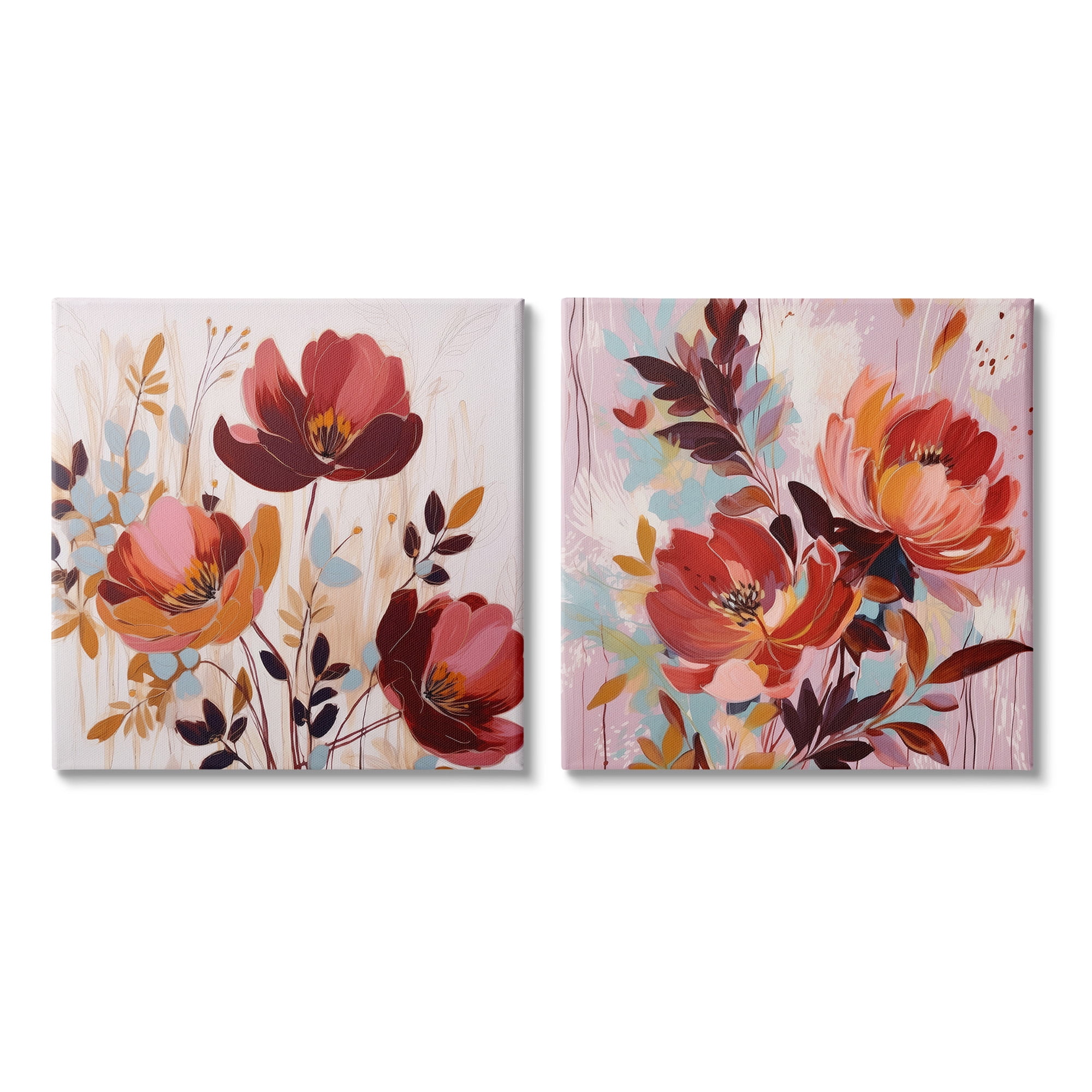 Stupell Industries Red Modern Flowers Botanical & Floral Painting Gallery Wrapped Canvas Art Print Wall Art, 24 x 24, Set of 2