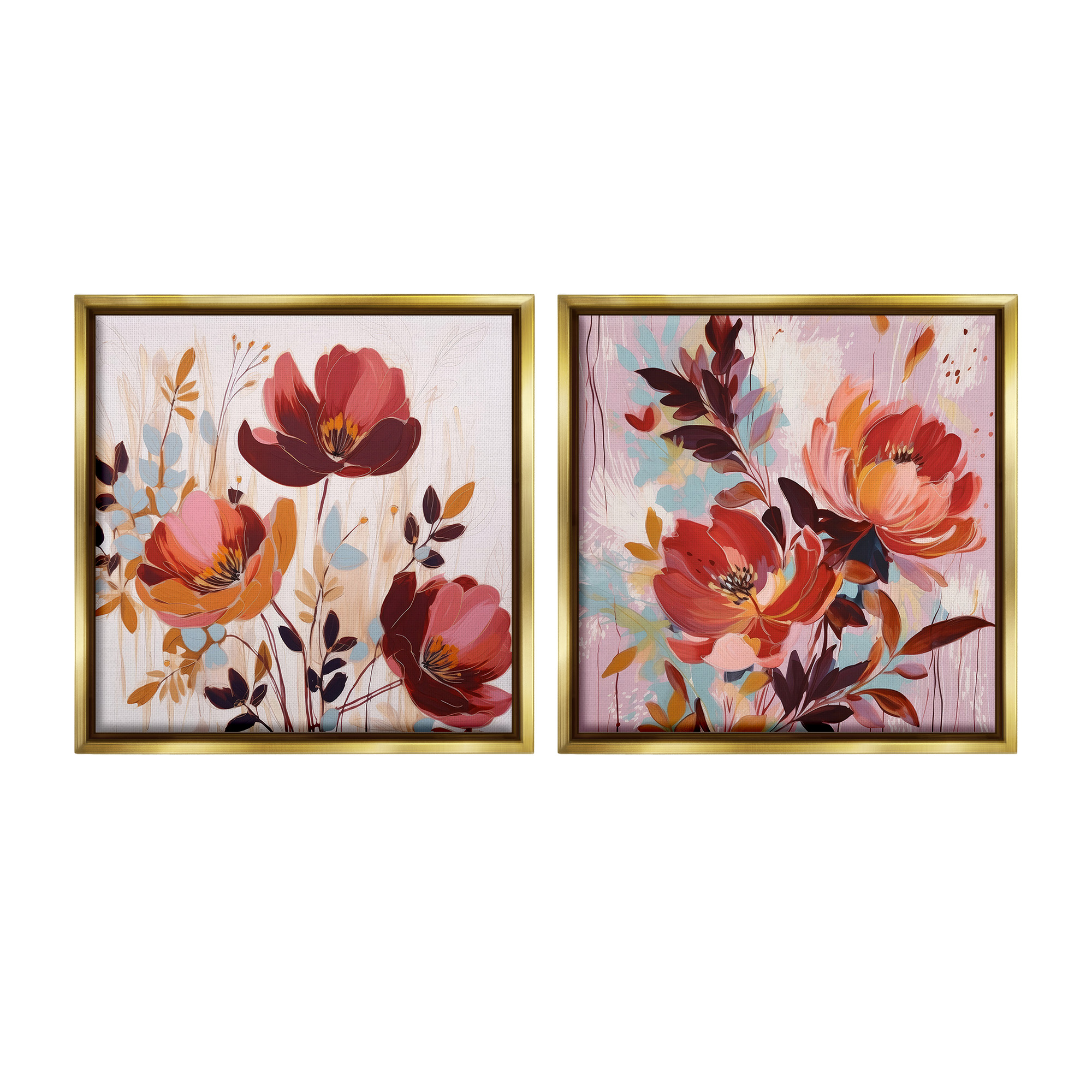 Stupell Industries Red Modern Flowers Botanical & Floral Painting Gold Floater Framed Canvas Art Print Wall Art, 18 x 18, Set of 2