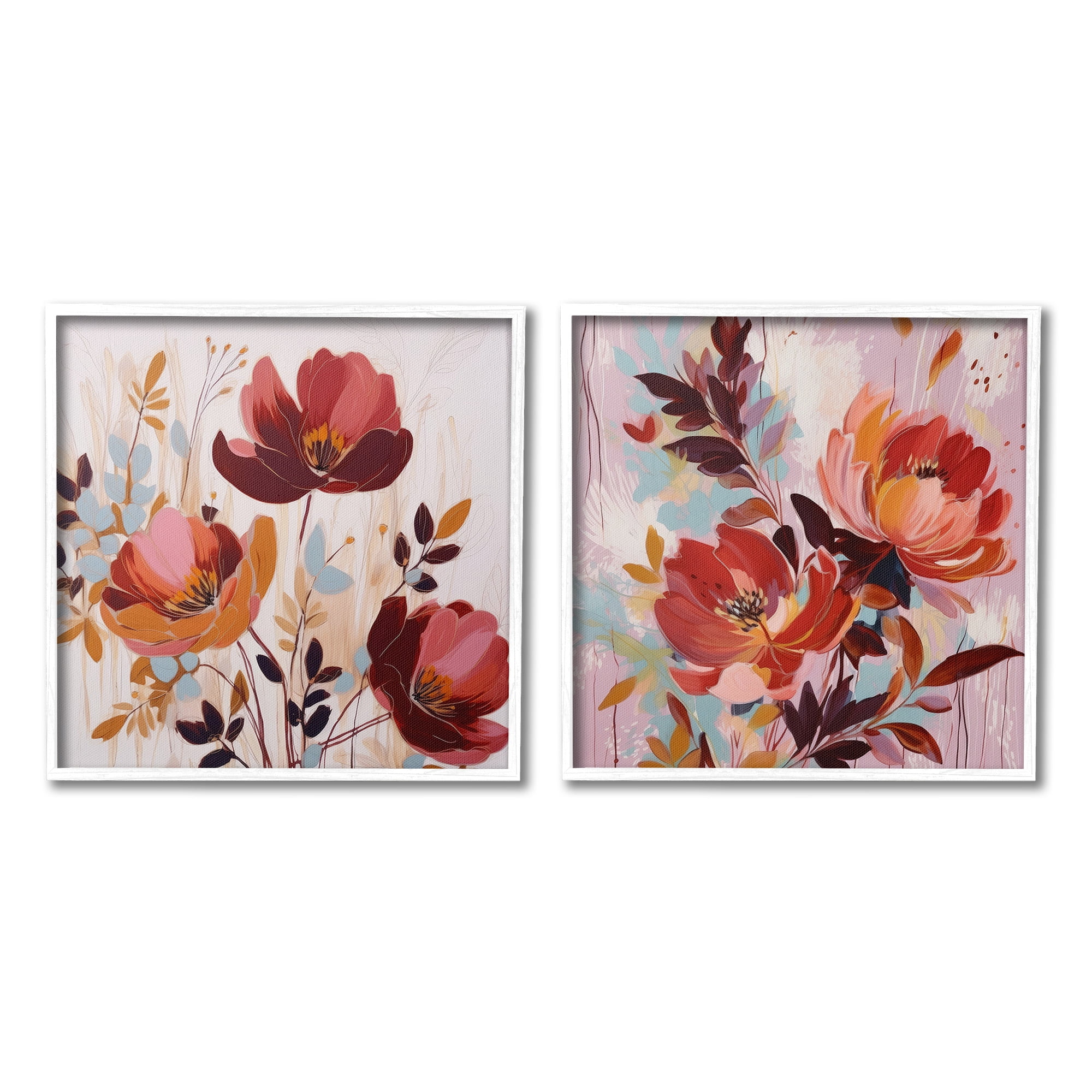 Stupell Industries Red Modern Flowers Botanical & Floral Painting White Framed Art Print Wall Art, 24 x 24, Set of 2