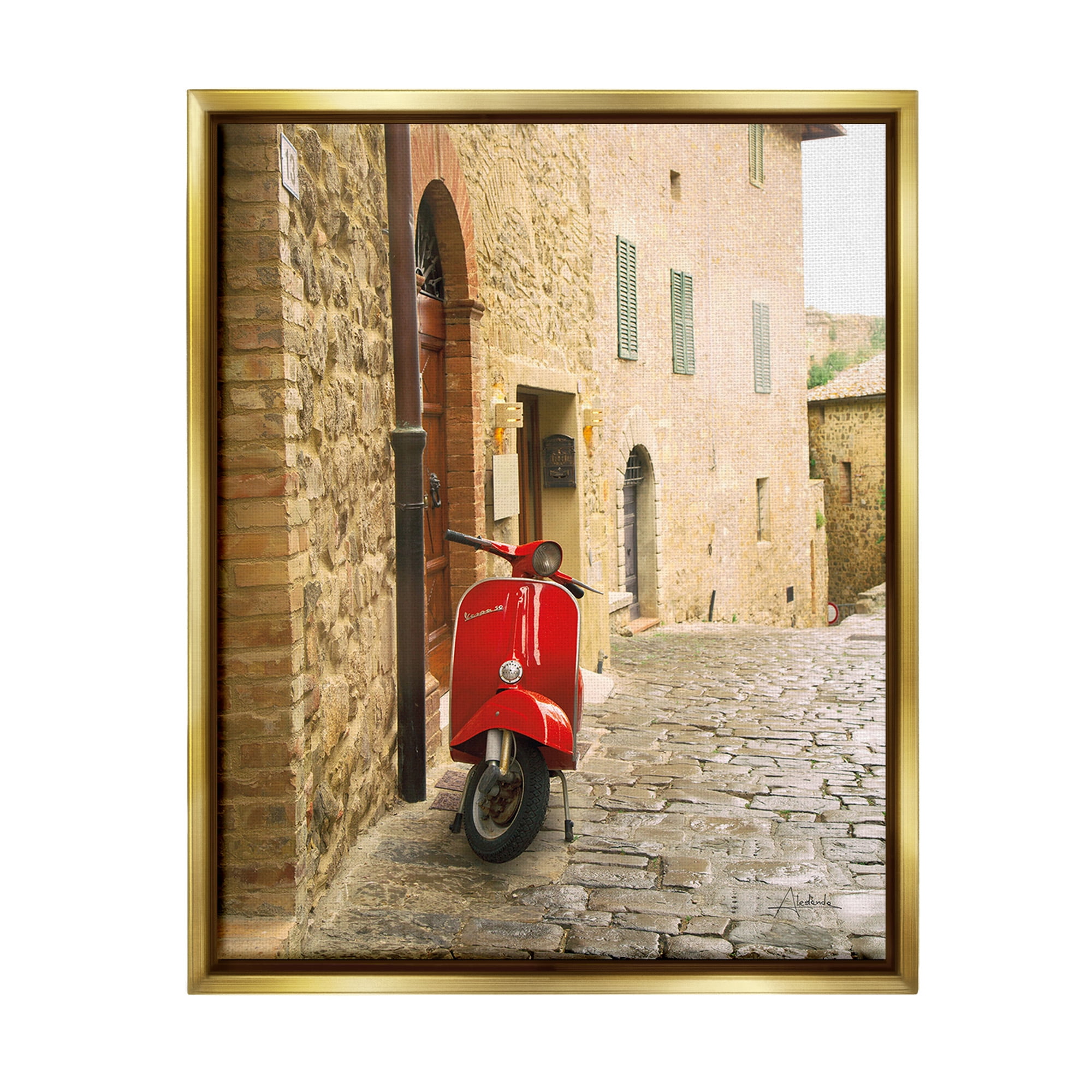 Stupell Industries Red Moped in City Transportation Photography Gold Floater Framed Canvas Art Print Wall Art, 17 x 21