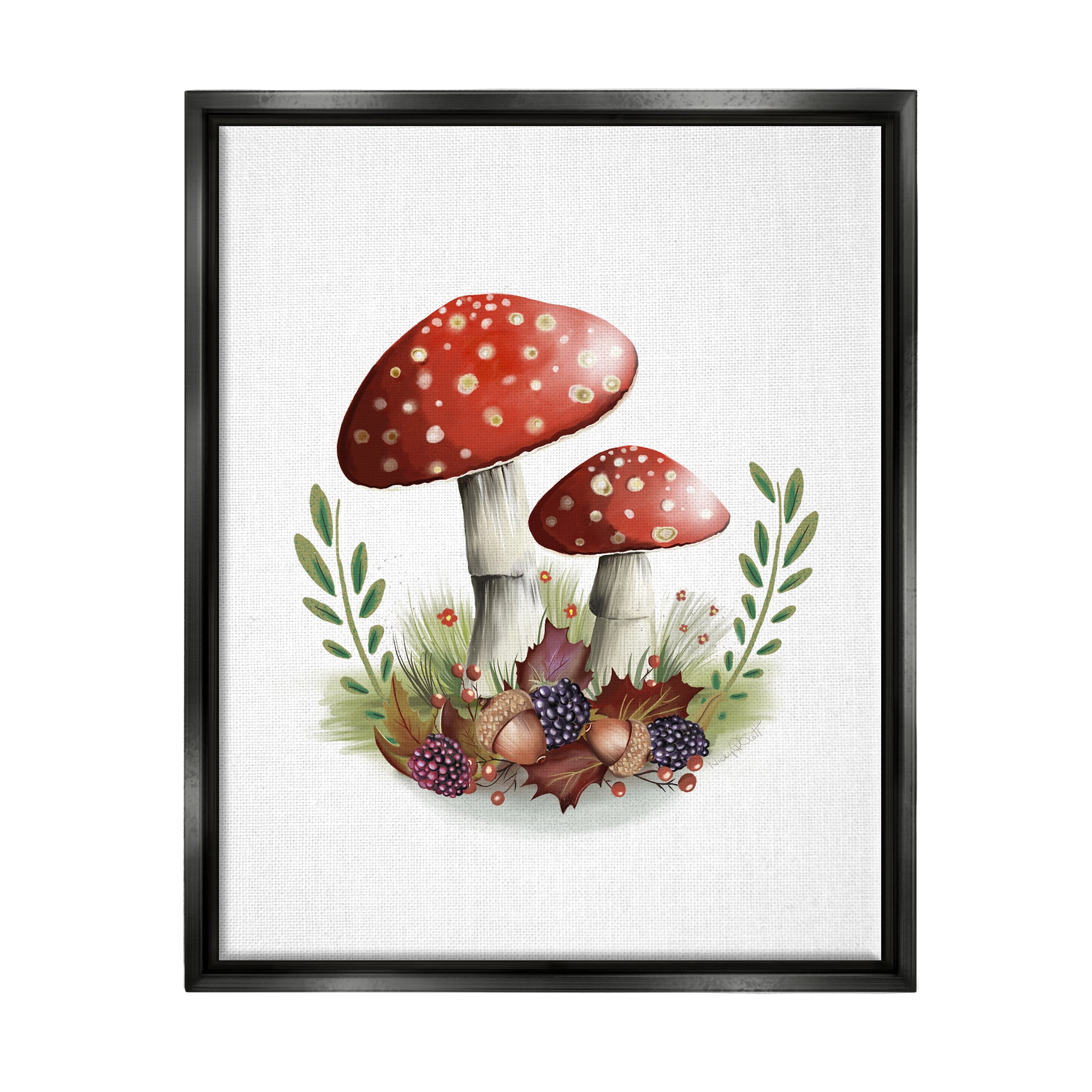 Stupell Industries Red Mushrooms & Acorns Botanical & Floral Painting Black Floater Framed Canvas Art Print Wall Art, 17 x 21