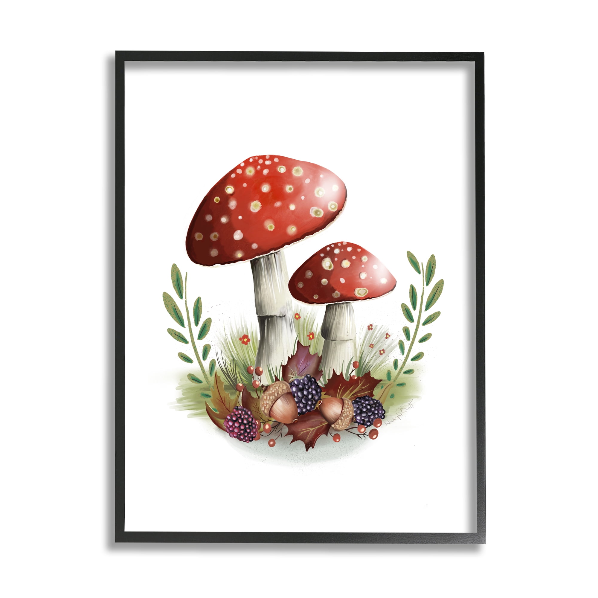 Stupell Industries Red Mushrooms & Acorns Botanical & Floral Painting Black Framed Art Print Wall Art, 24 x 30