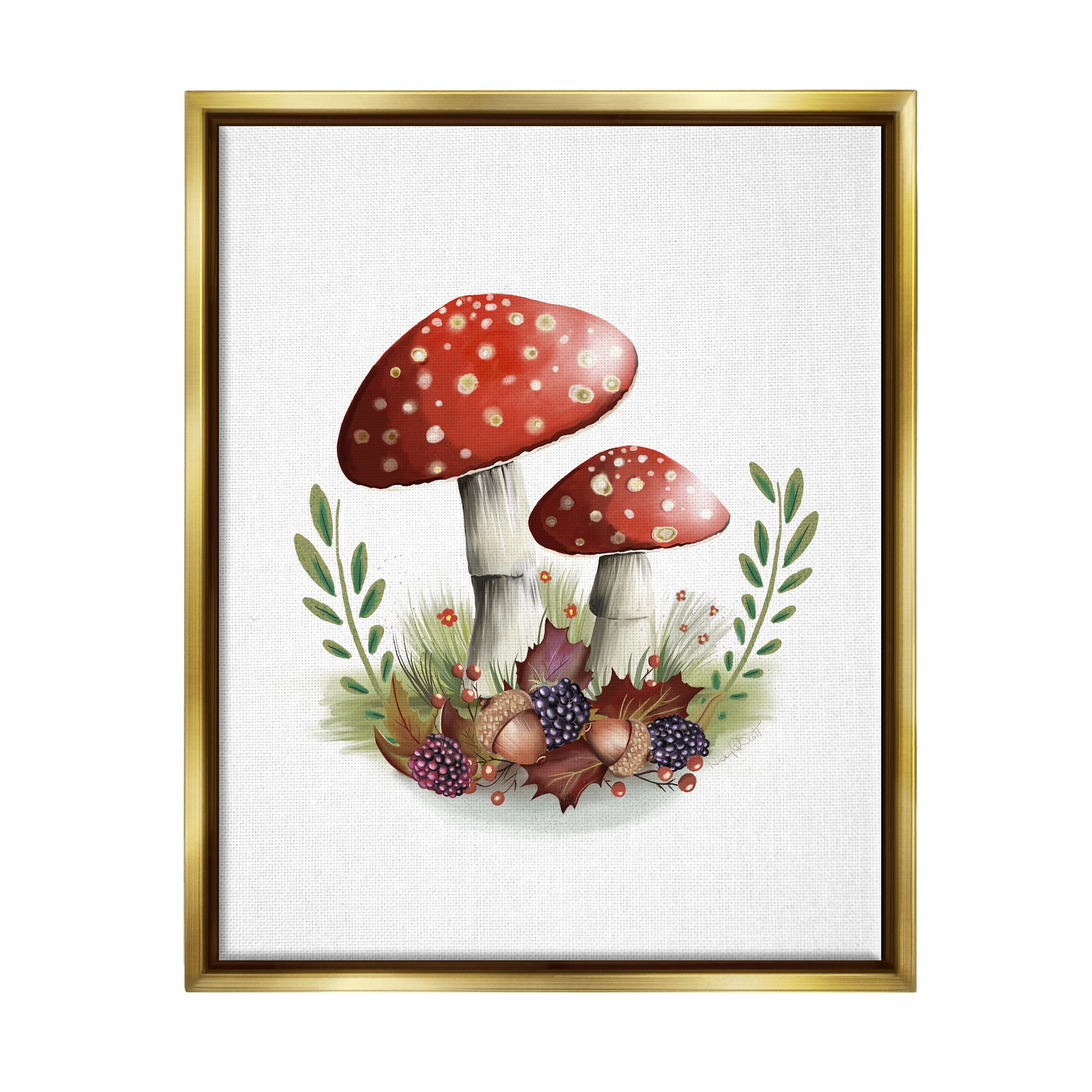 Stupell Industries Red Mushrooms & Acorns Botanical & Floral Painting Gold Floater Framed Canvas Art Print Wall Art, 17 x 21