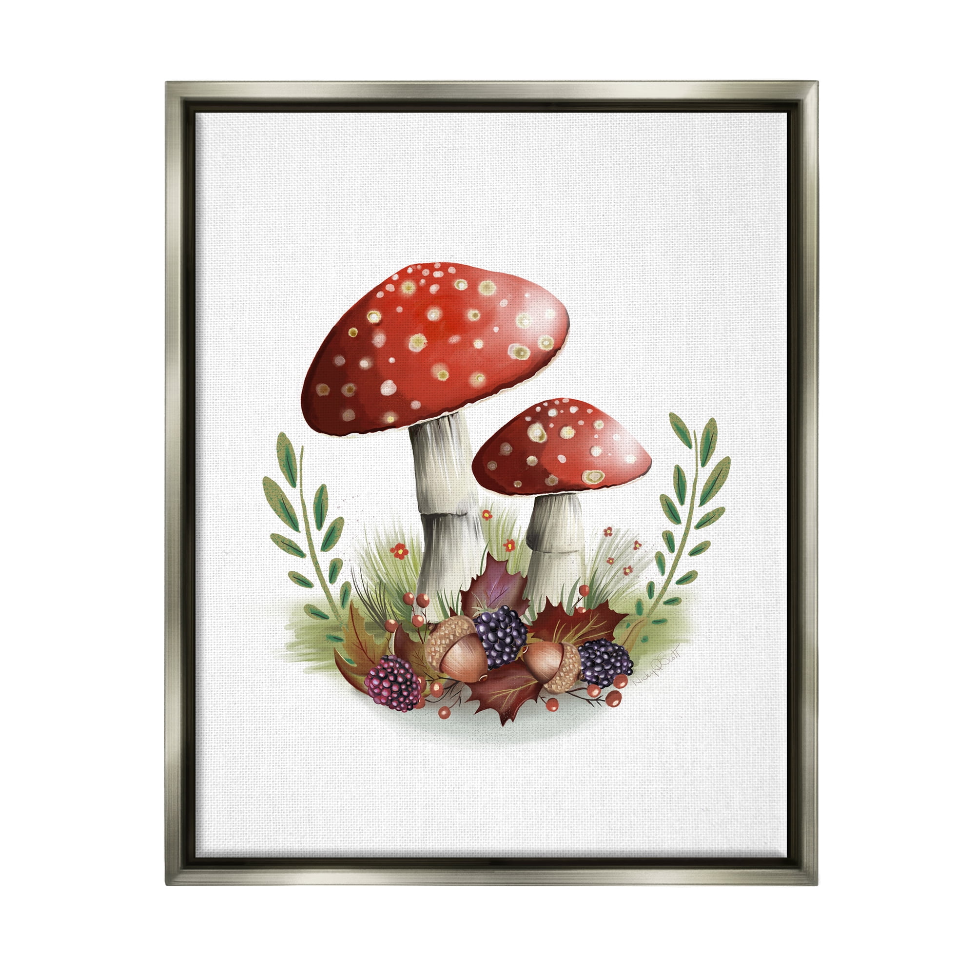 Stupell Industries Red Mushrooms & Acorns Botanical & Floral Painting Gray Floater Framed Canvas Art Print Wall Art, 17 x 21