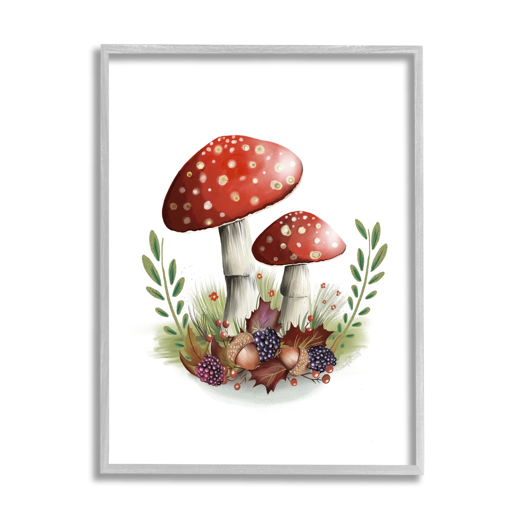 Stupell Industries Red Mushrooms & Acorns Botanical & Floral Painting Gray Framed Art Print Wall Art, 16 x 20